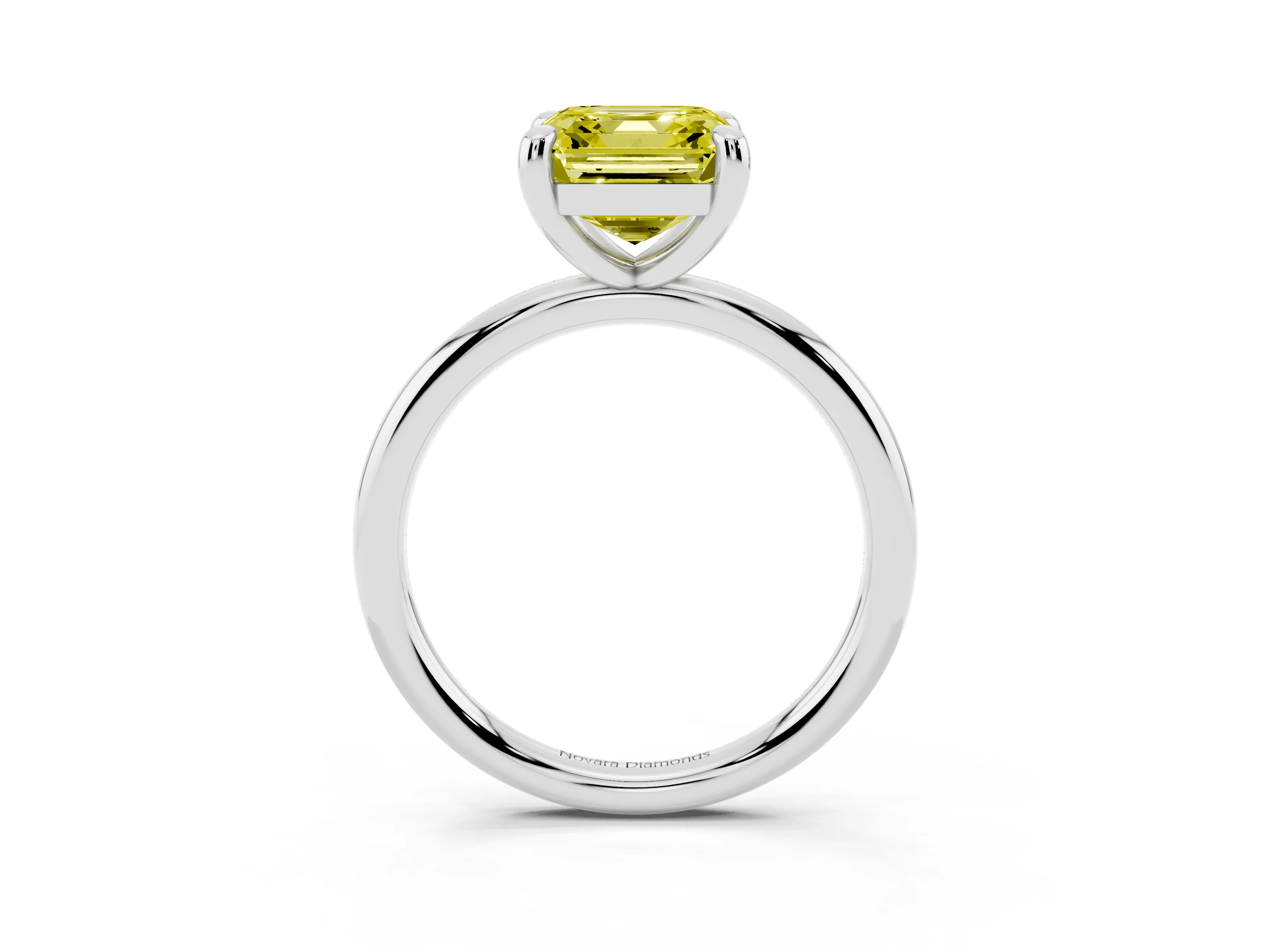 Fancy Yellow Asscher Cut Diamond Solitaire Ring Set in White gold with Prong Setting on a Polished Plain Band