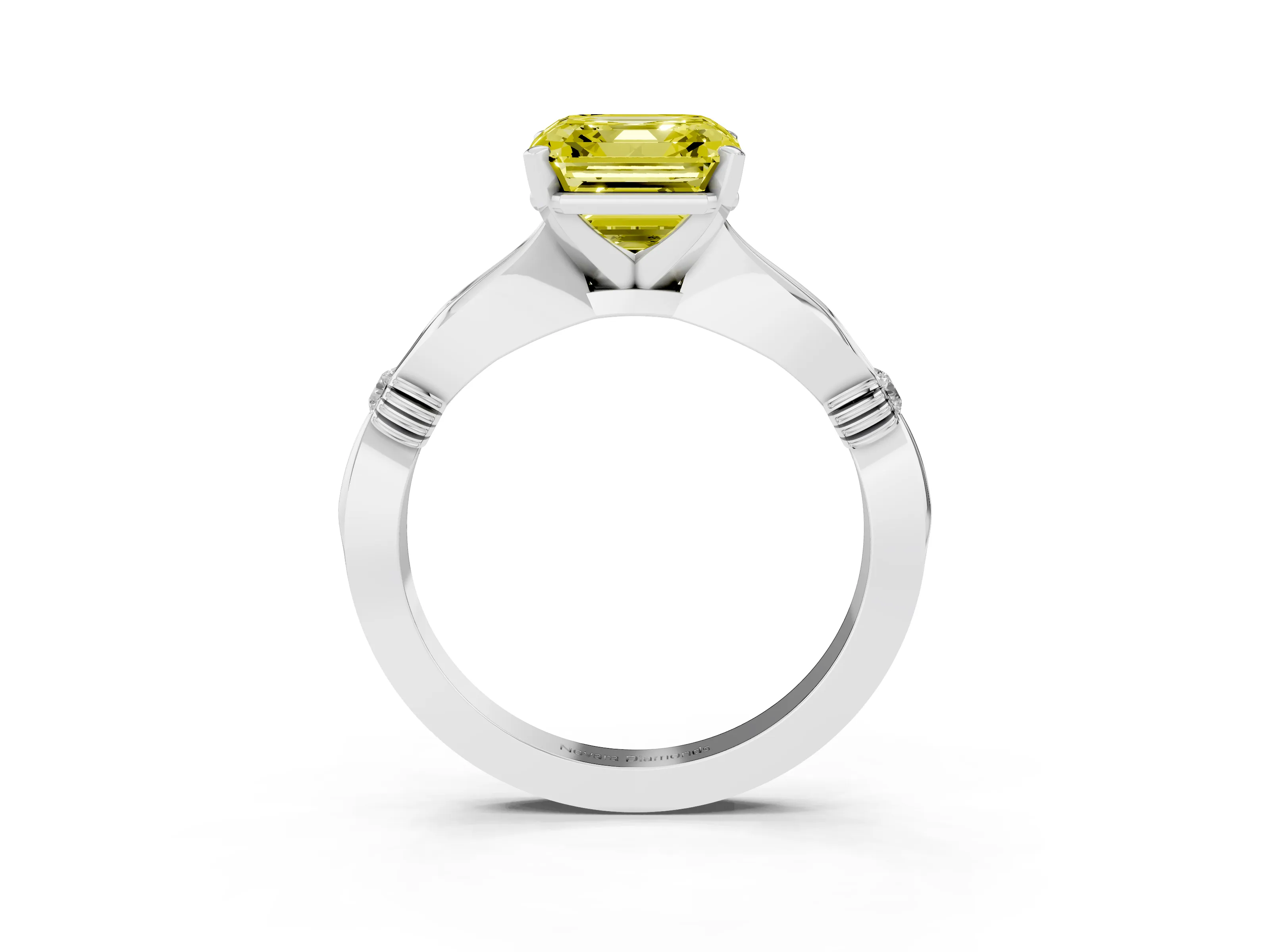 Fancy Yellow Asscher Cut Diamond Solitaire Twisted Band Ring Set in Platinum with Accent Stones and Prong Setting