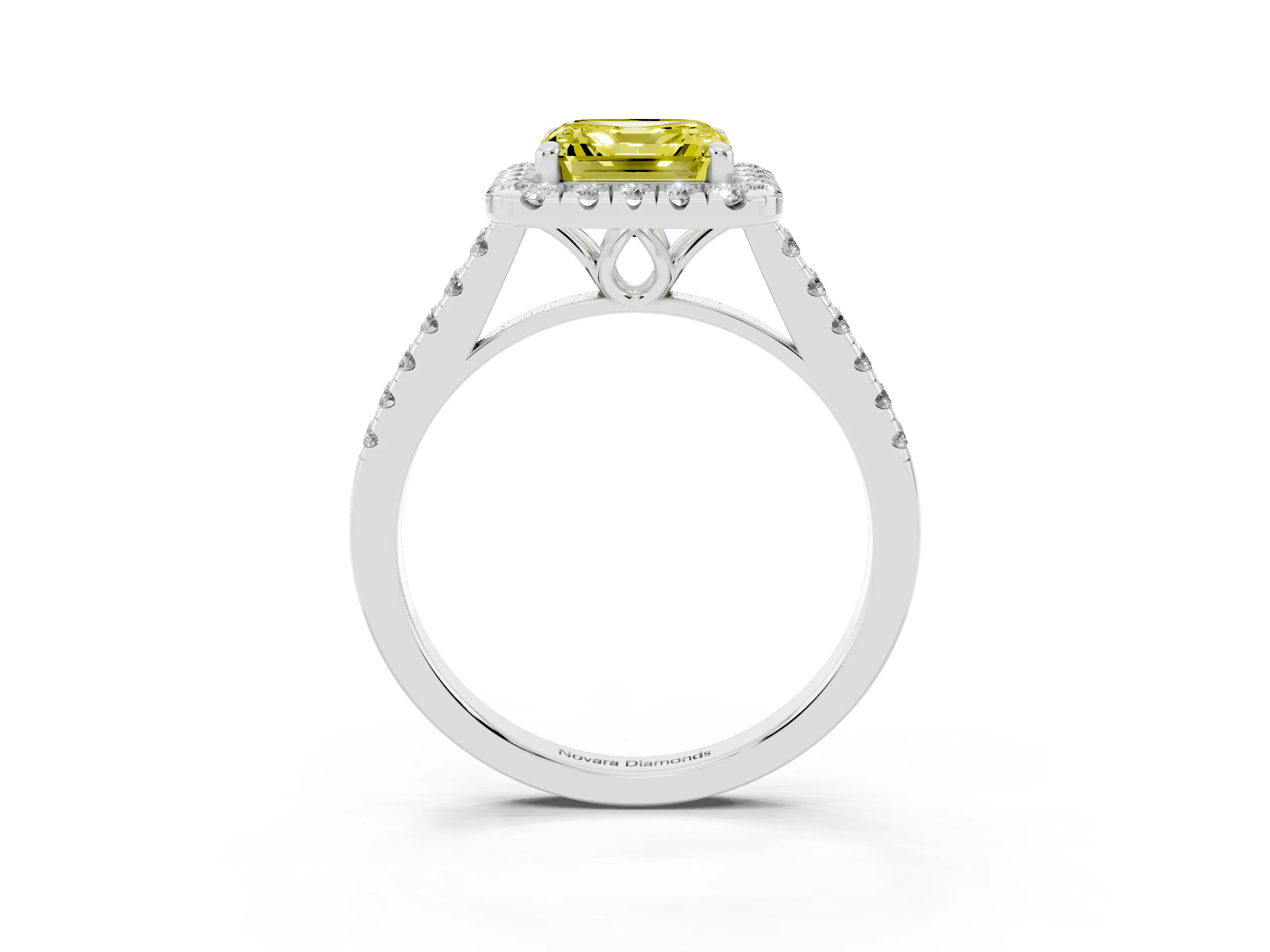 Fancy Yellow Asscher Cut Diamond Pavé Halo Engagement Ring Set in White gold with Pavé Band and Prong Setting