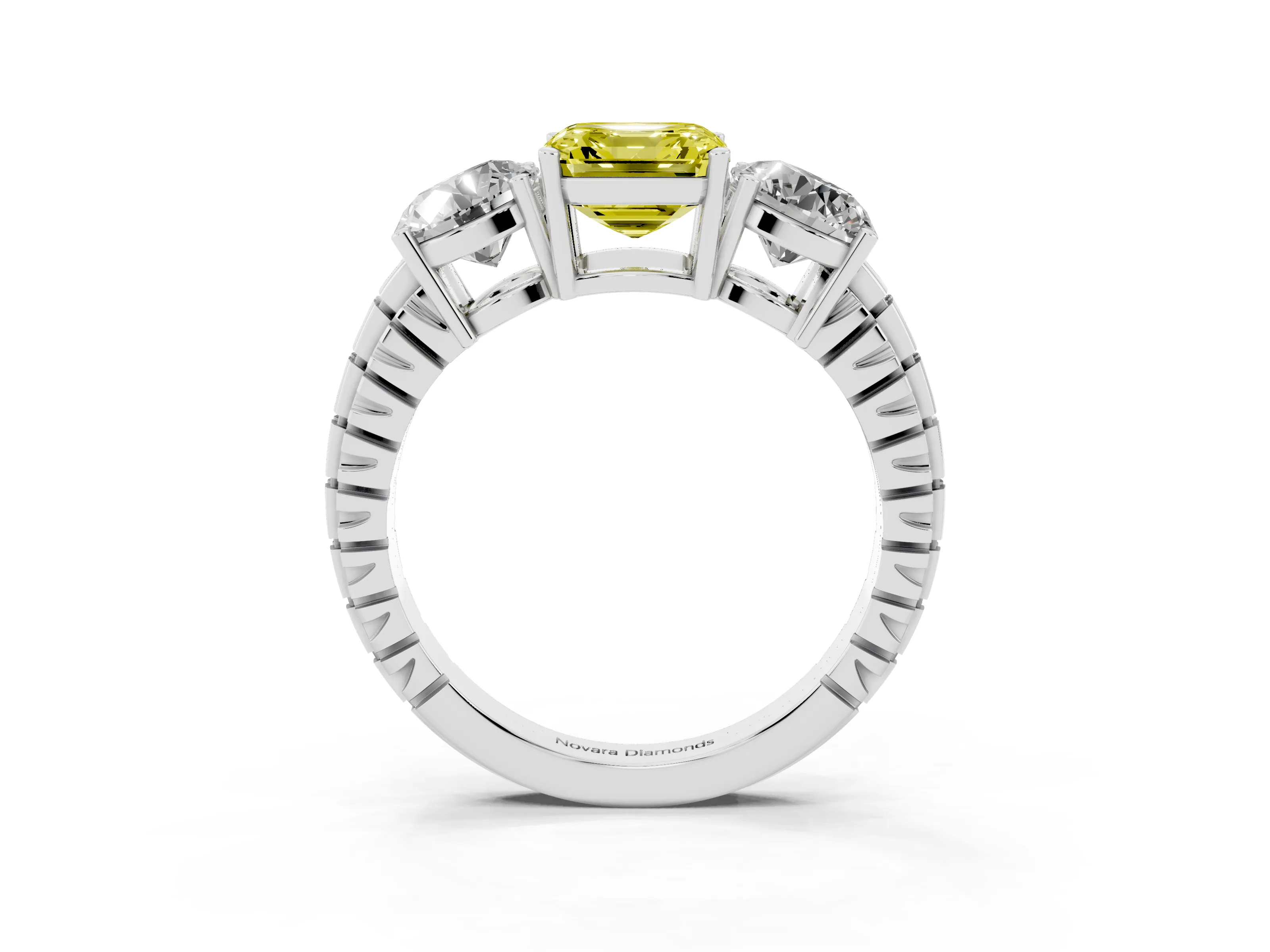 Fancy Yellow Asscher Cut Diamond Three-Stone Ring Set in Platinum with Channel-Set Accent Band