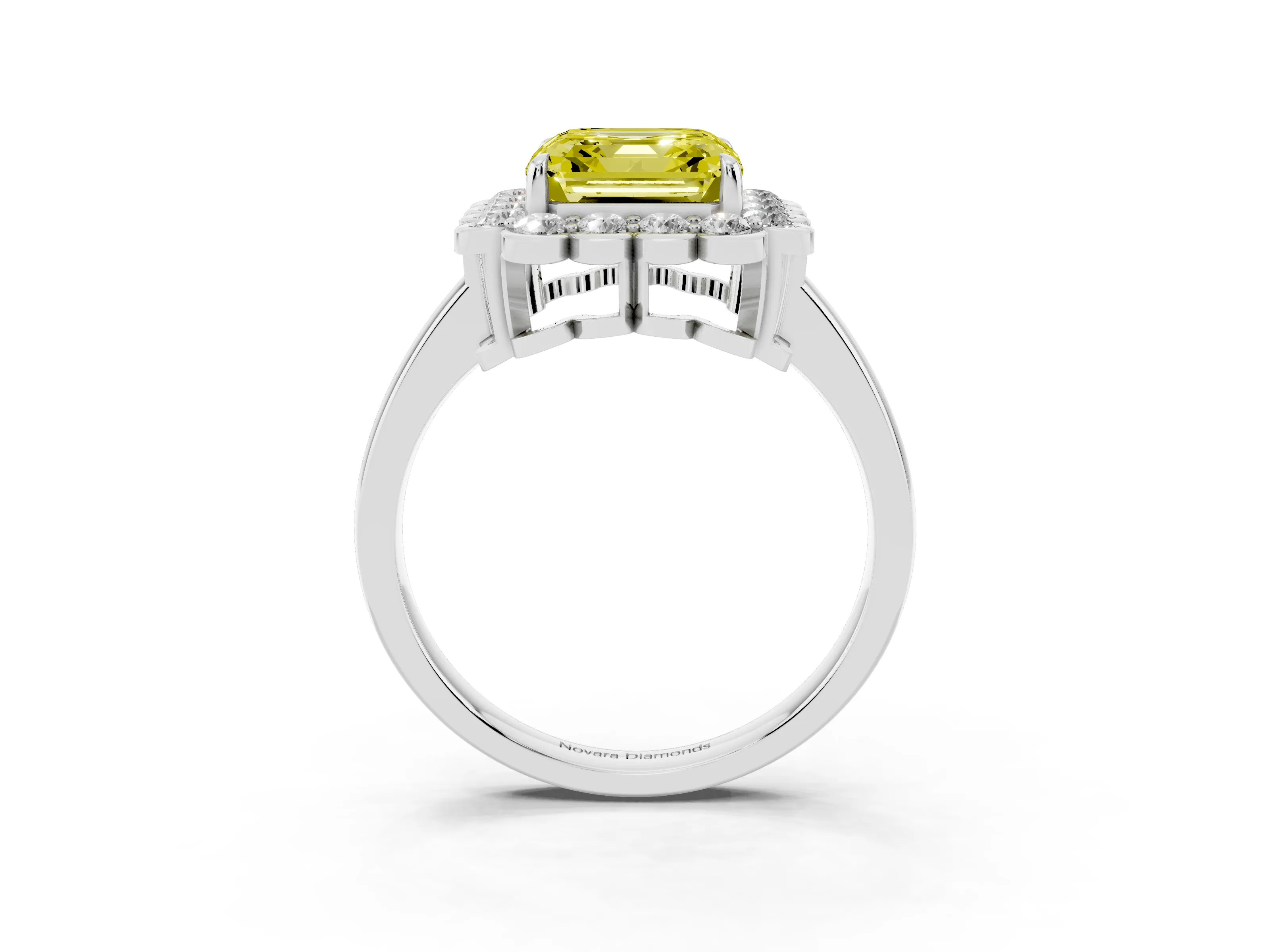 Fancy Yellow Asscher Cut Diamond Halo Cluster Engagement Ring Set in Platinum with Solitaire Band and Prong Setting
