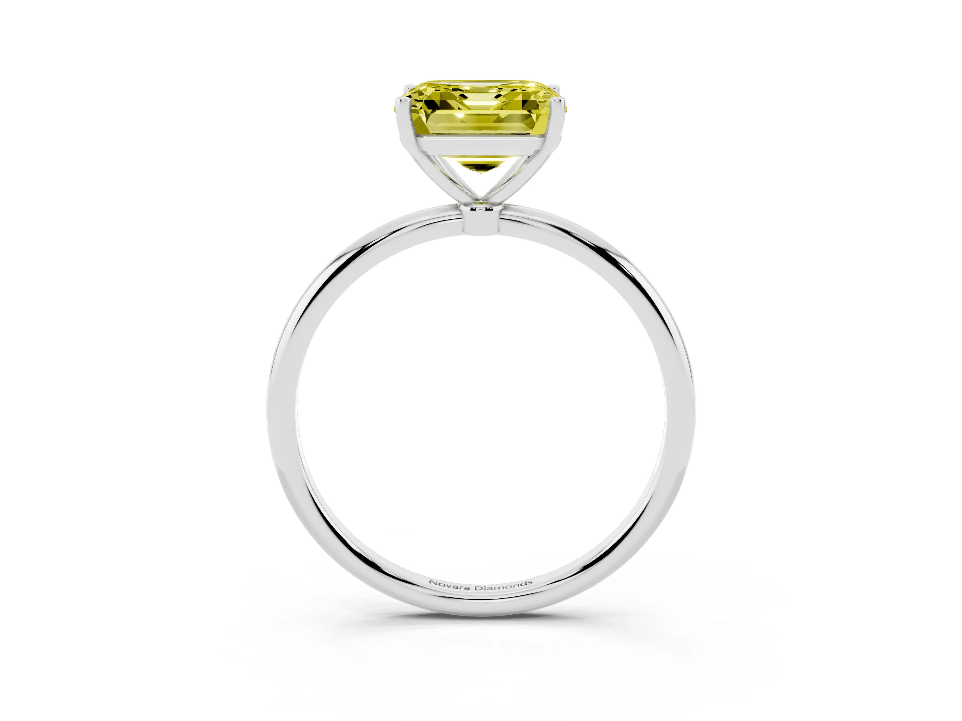 Fancy Yellow Asscher Cut Diamond Solitaire Engagement Ring Set in Platinum with Thin Band and Prong Setting