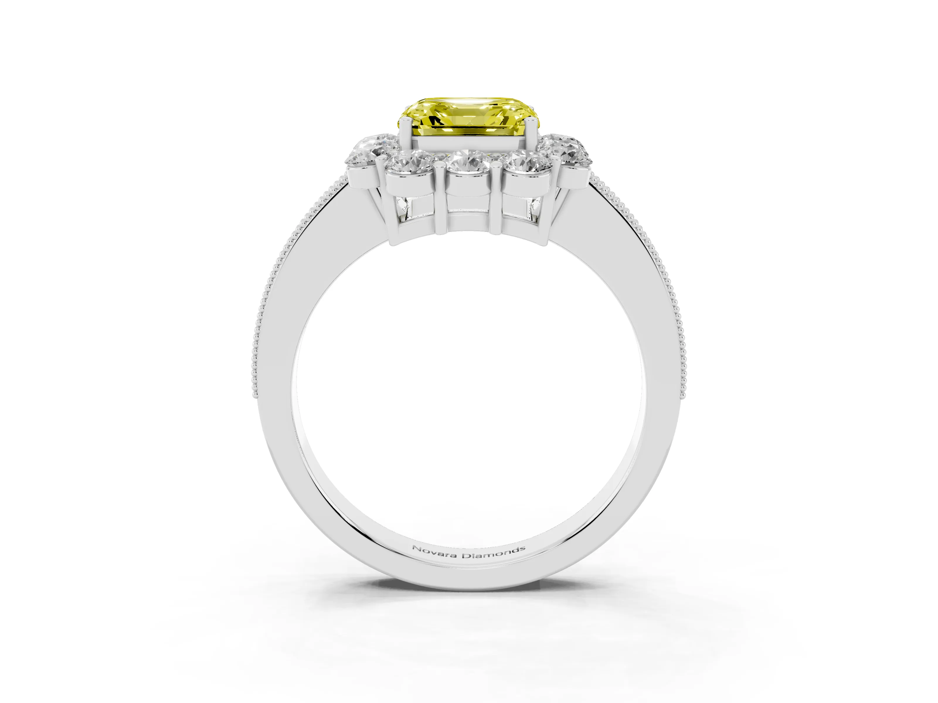 Fancy Yellow Asscher Cut Diamond Halo Pavé Engagement Ring Set in White gold with Milgrain Detailing