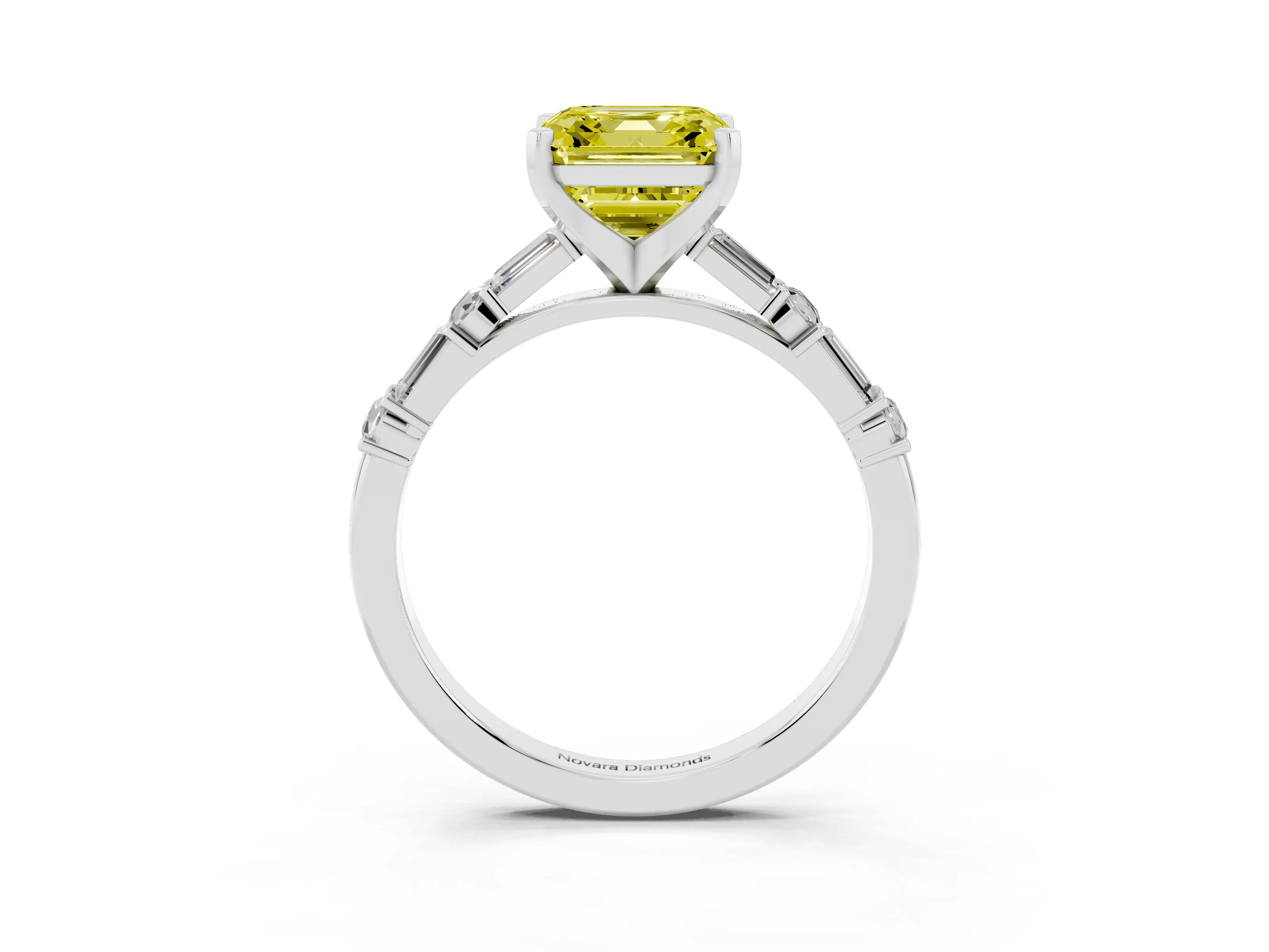 Fancy Yellow Asscher Cut Diamond Solitaire Set in Silver with Side Baguettes and Channel Set Band