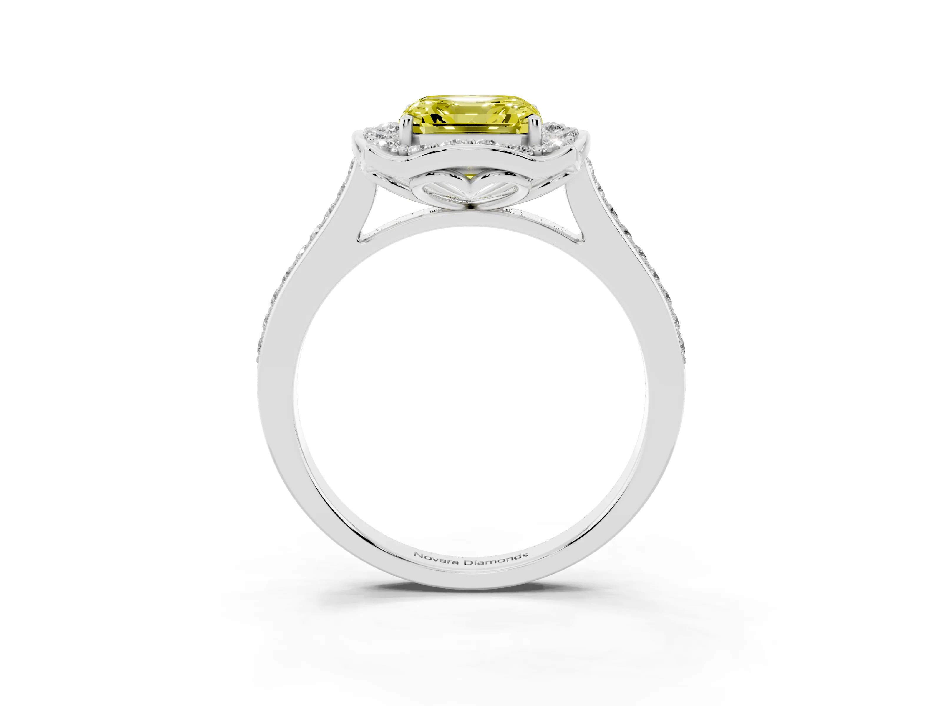 Fancy Yellow Asscher Cut Diamond Halo Ring Set in Platinum with Pavé-Lined Shoulders and Prong Setting
