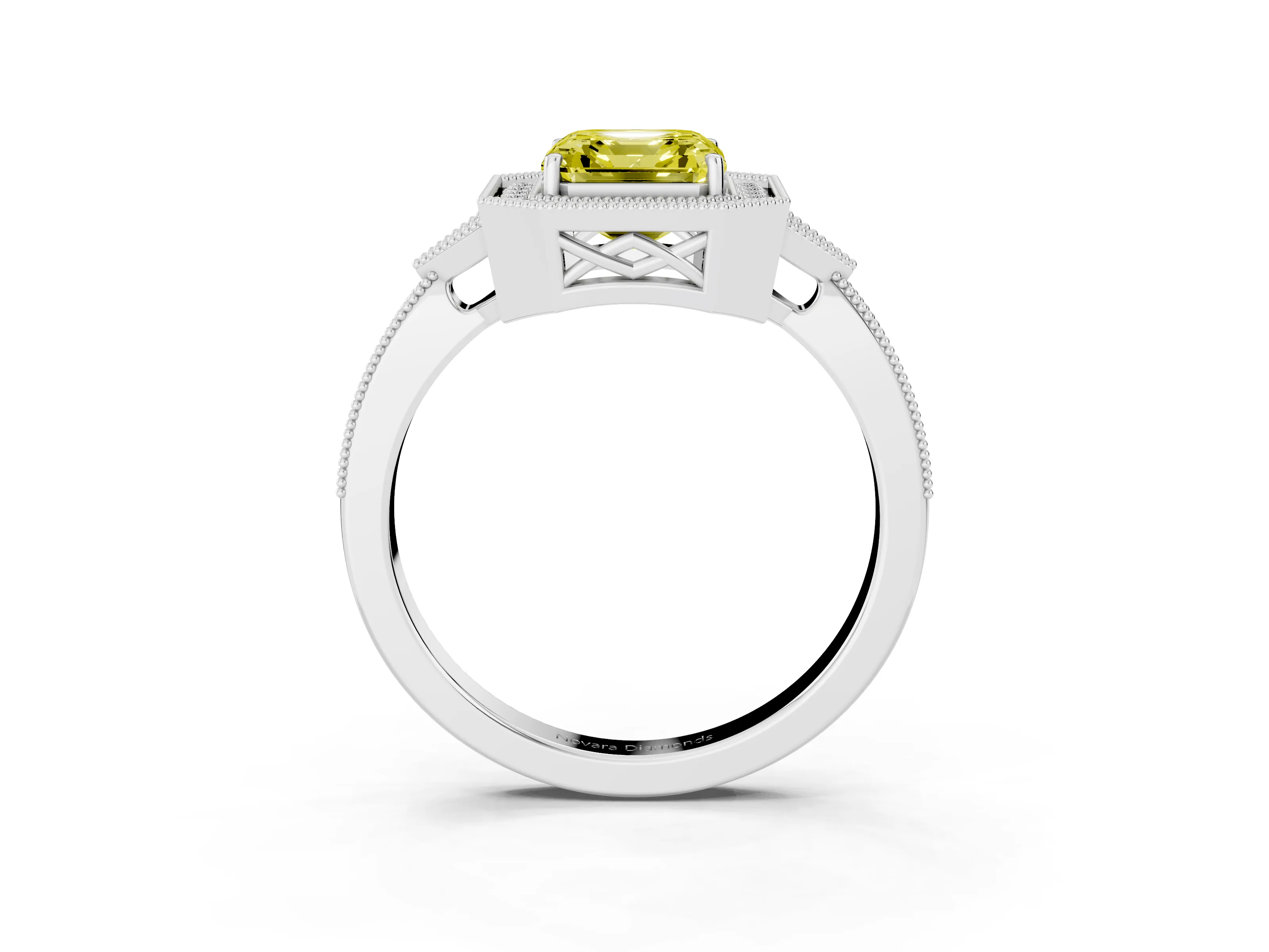 Fancy Yellow Asscher Cut Diamond Halo Engagement Ring Set in Silver with Milgrain Pavé Band