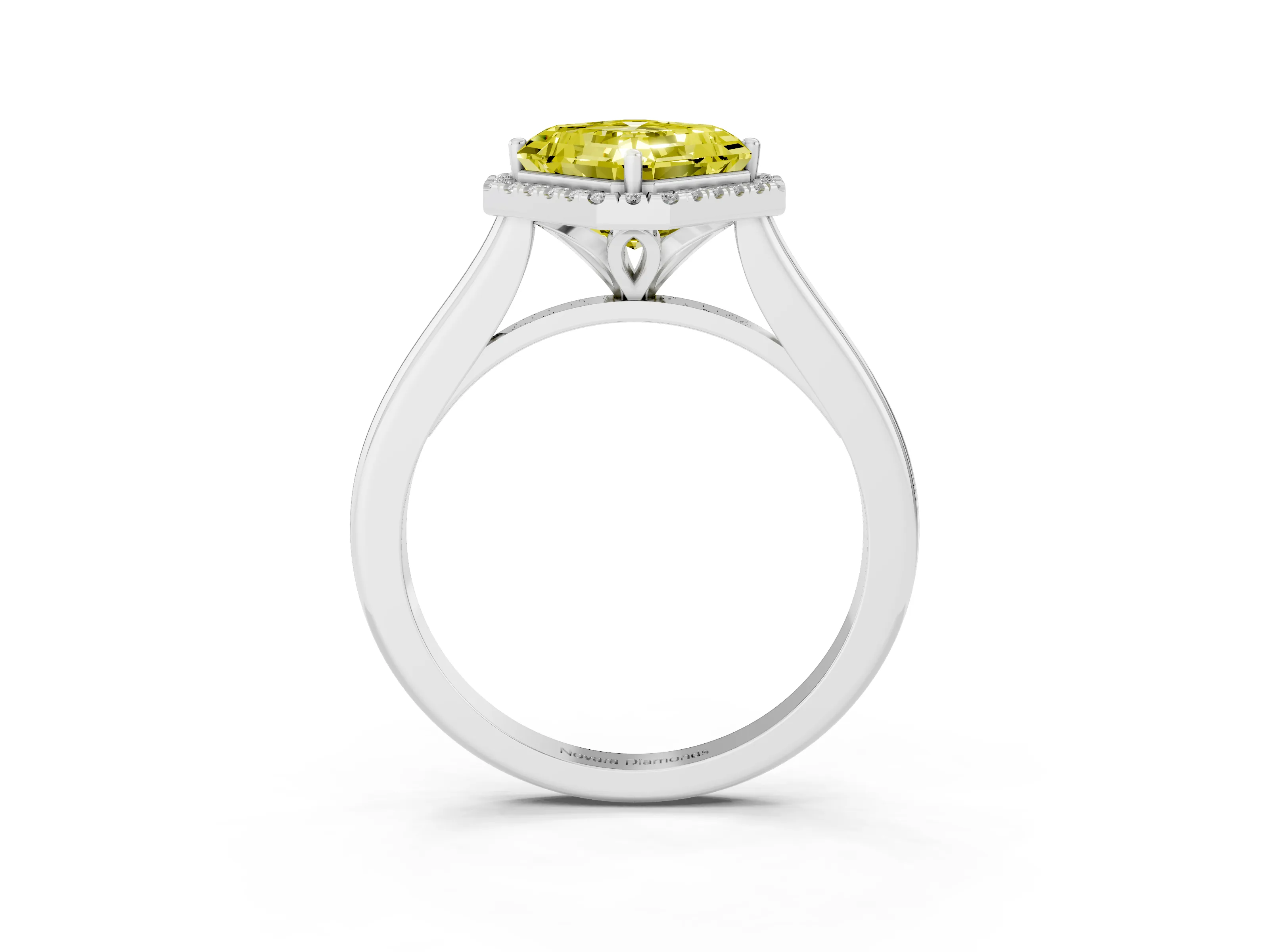 Fancy Yellow Asscher Cut Diamond Halo Engagement Ring Set in White gold with Pavé Band and Rising Shoulders
