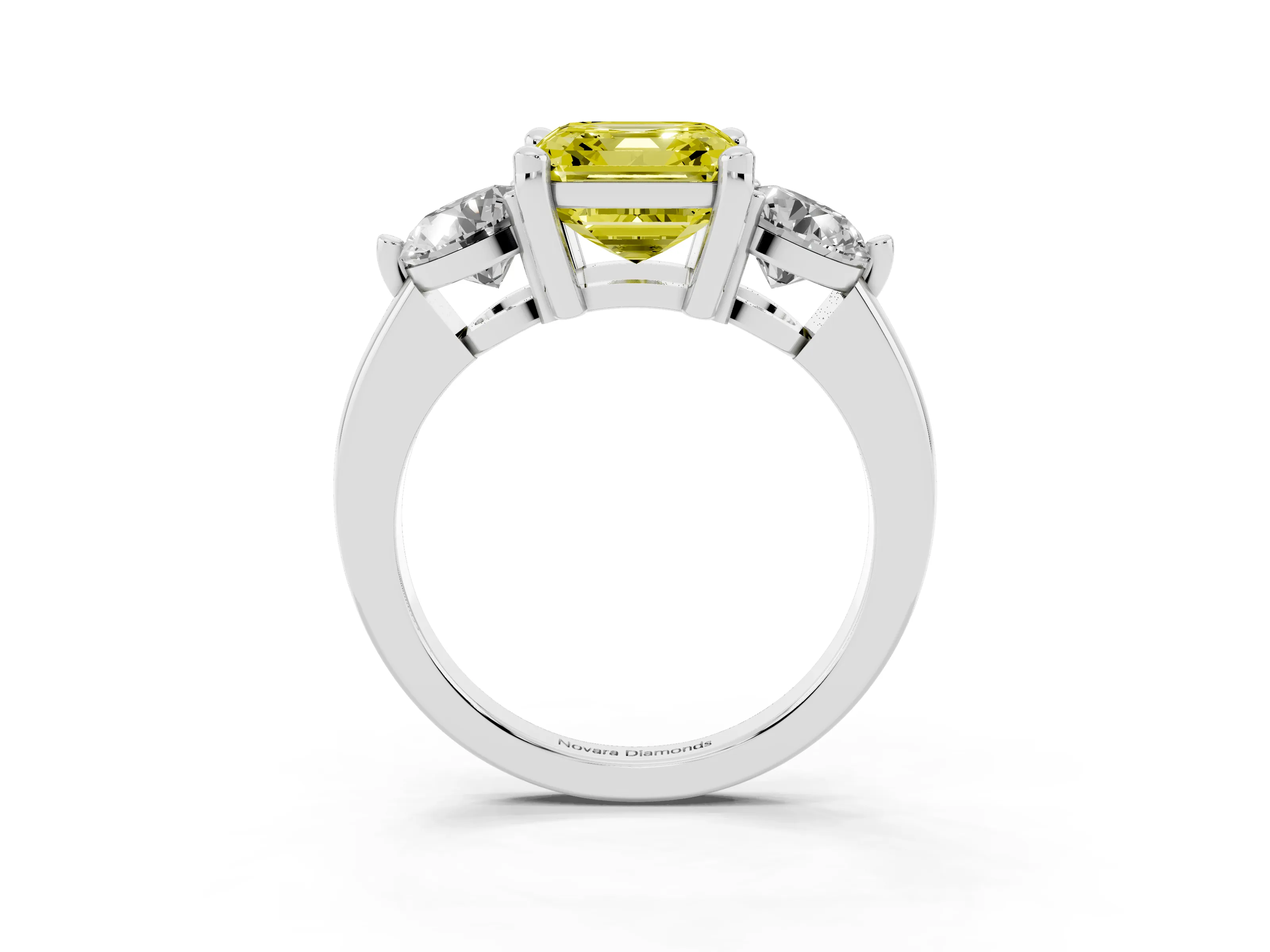 Fancy Yellow Asscher Cut Diamond Three-Stone Ring Set in White gold with Prong Setting and Classic Band