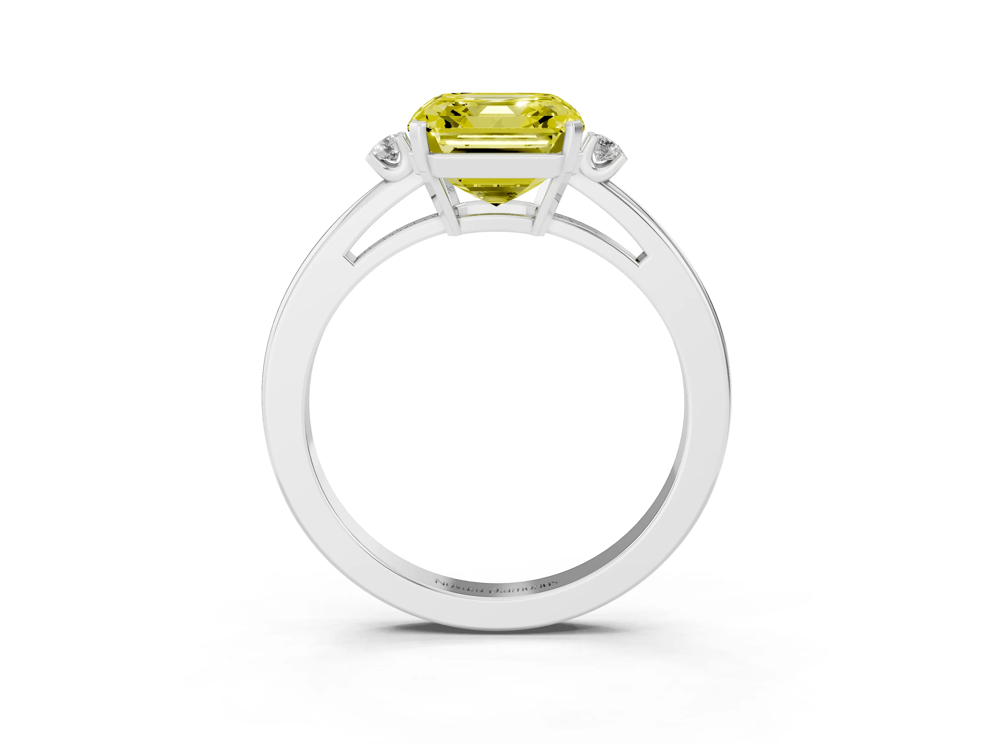 Fancy Yellow Three-Stone Asscher Cut Diamond Solitaire Ring Set in Platinum with Round Accent Stones and Prong Setting