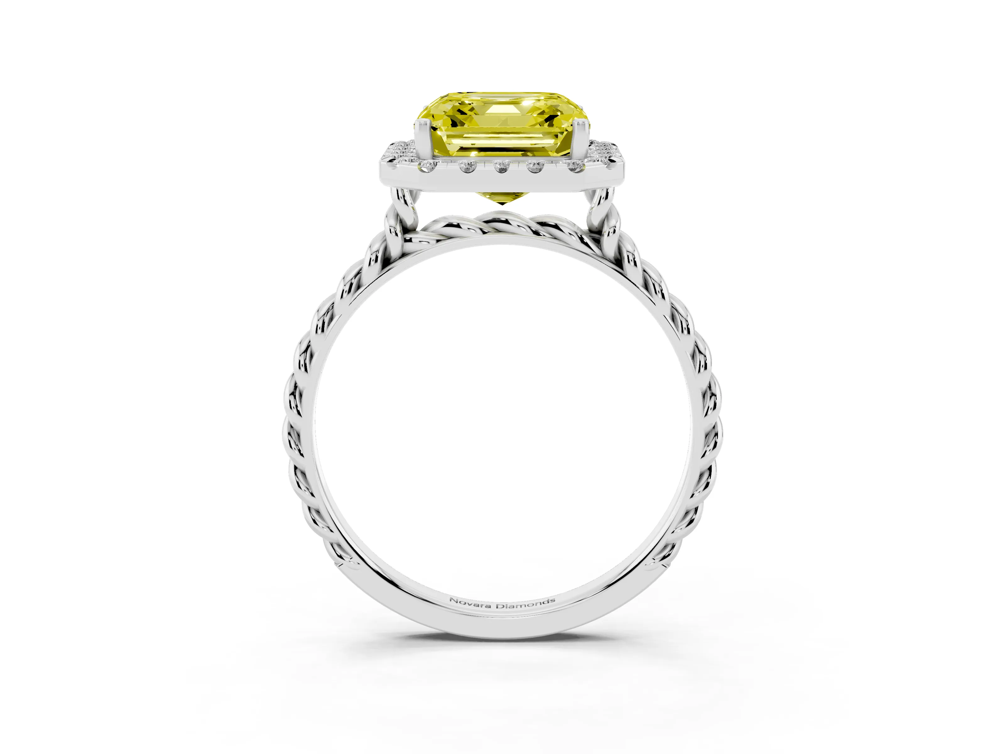 Fancy Yellow Asscher Cut Diamond Halo Ring Set in Platinum with Plain Twisted Band