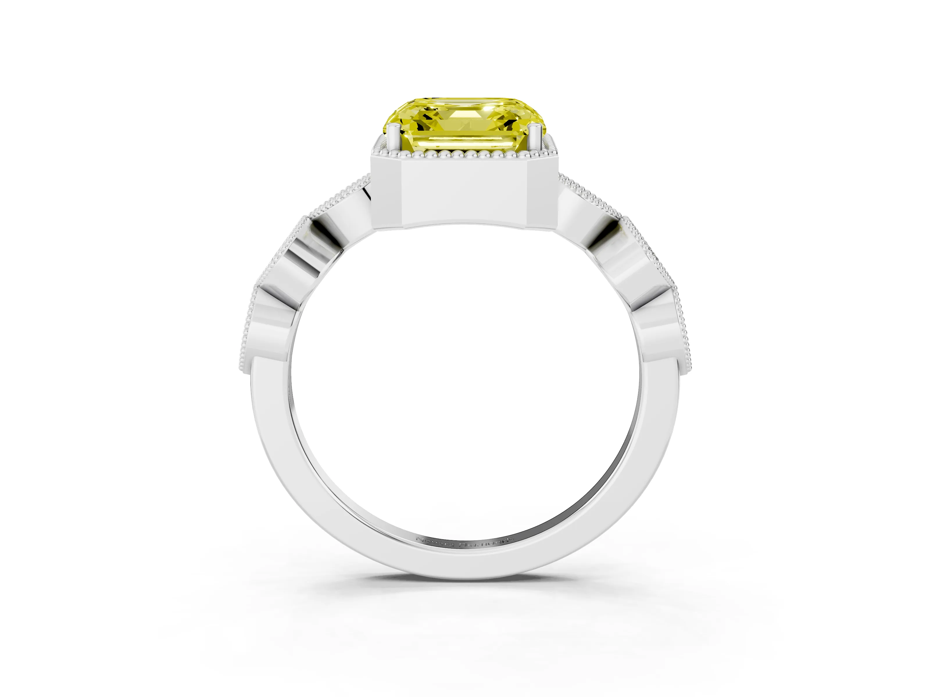 Fancy Yellow Asscher Cut Diamond Vintage-Inspired Milgrain Ring Set in White gold with Marquise Stations of Round Accents