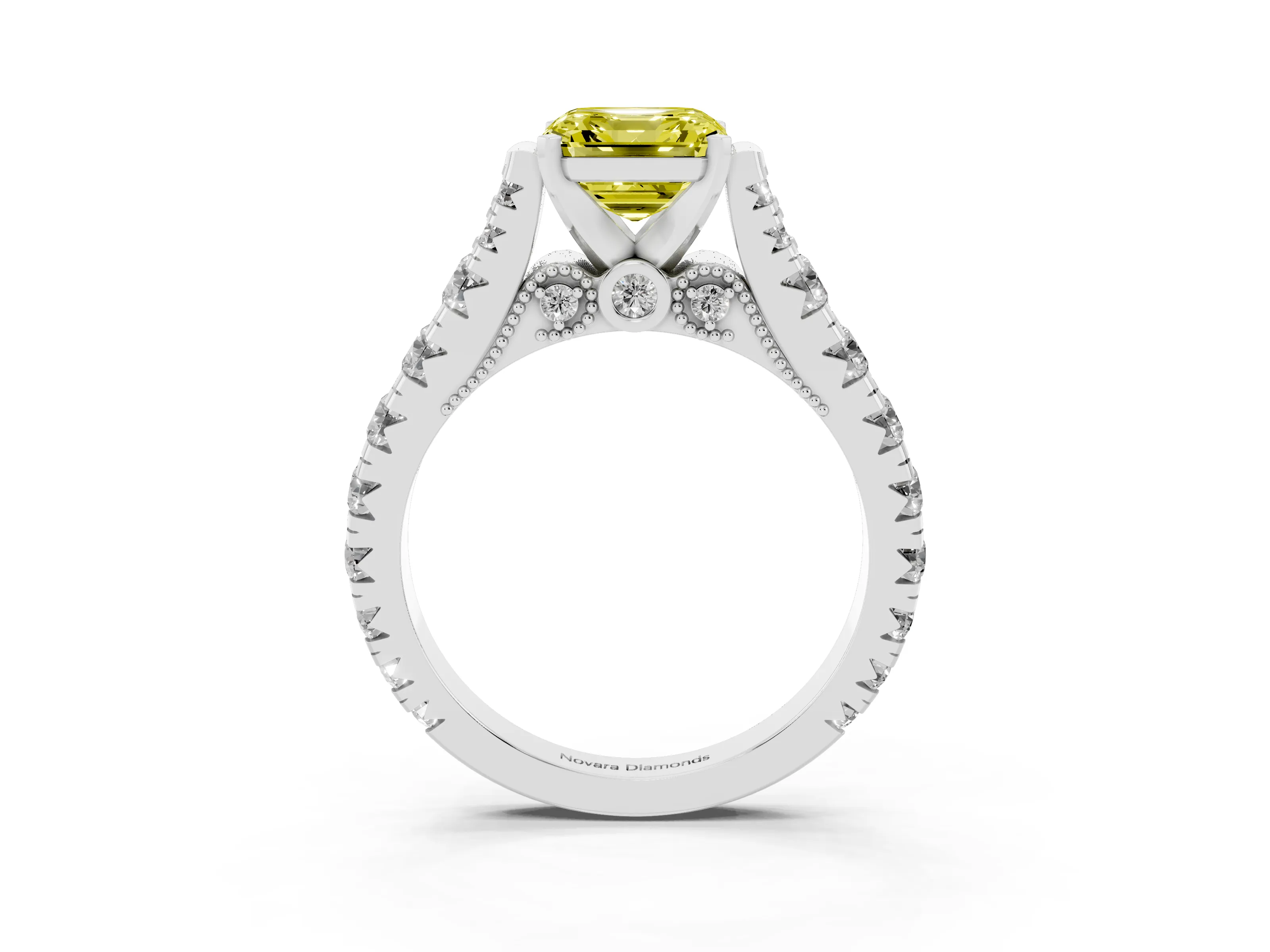 Fancy Yellow Asscher Cut Diamond Classic Solitaire Ring Set in White gold with Pavé Band and Prong Setting