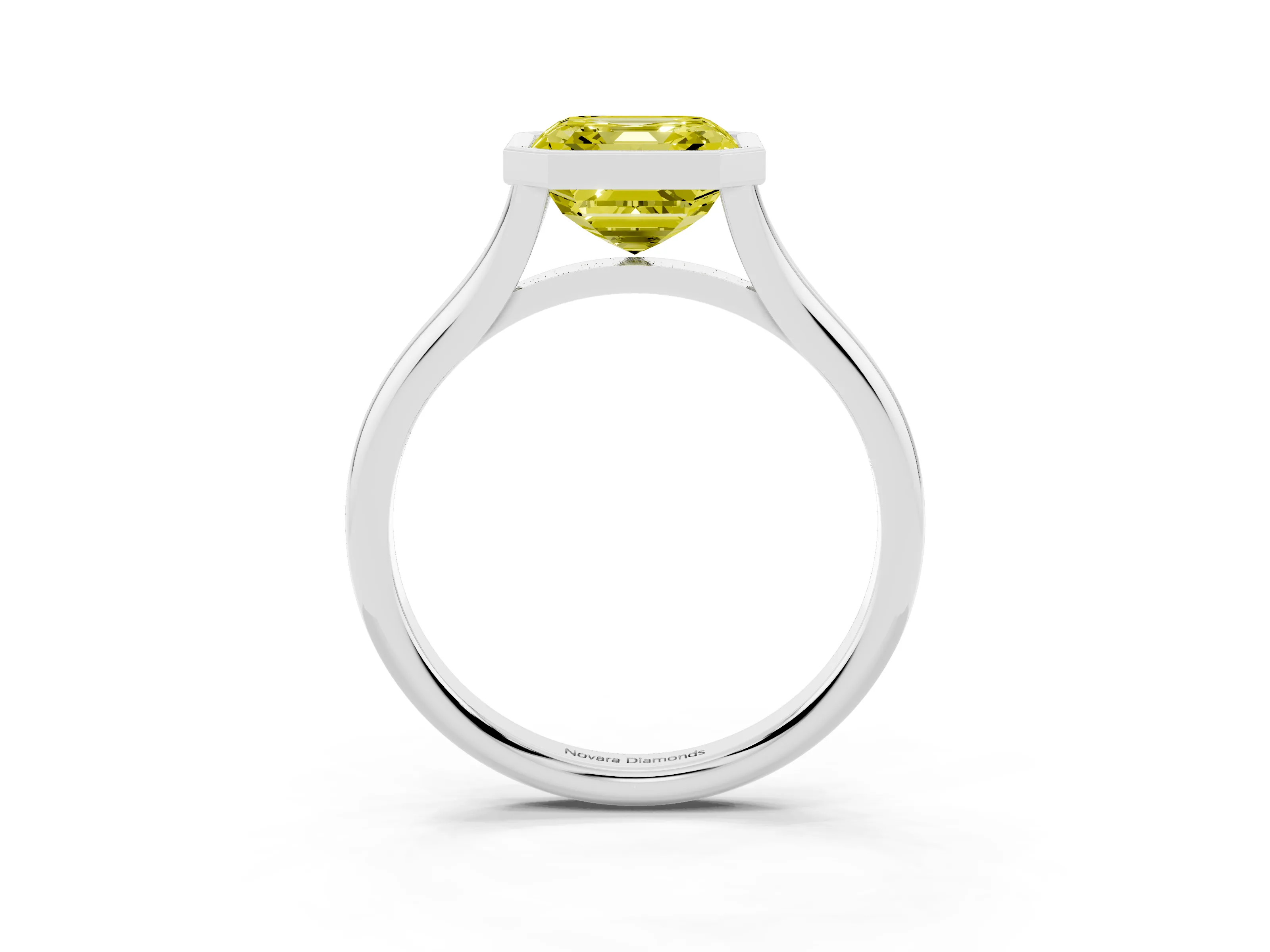 Fancy Yellow Bezel Set Asscher Cut Diamond Solitaire Ring Set in Platinum with Tapered Band