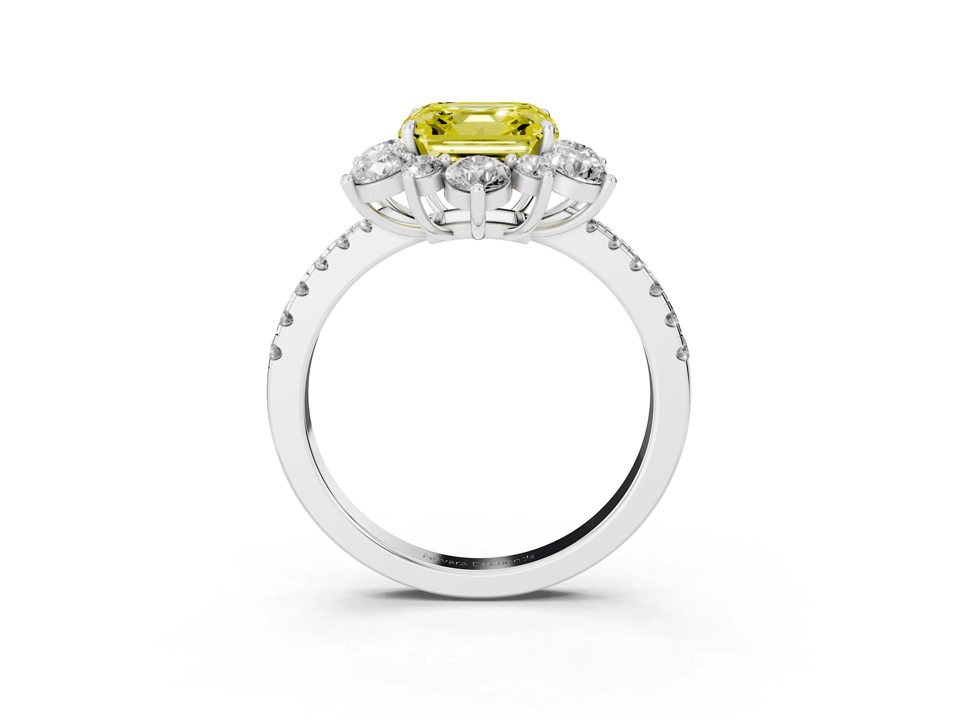 Fancy Yellow Asscher Cut Diamond Floral Halo Ring Set in White gold with Round Pavé Band and Prong Setting