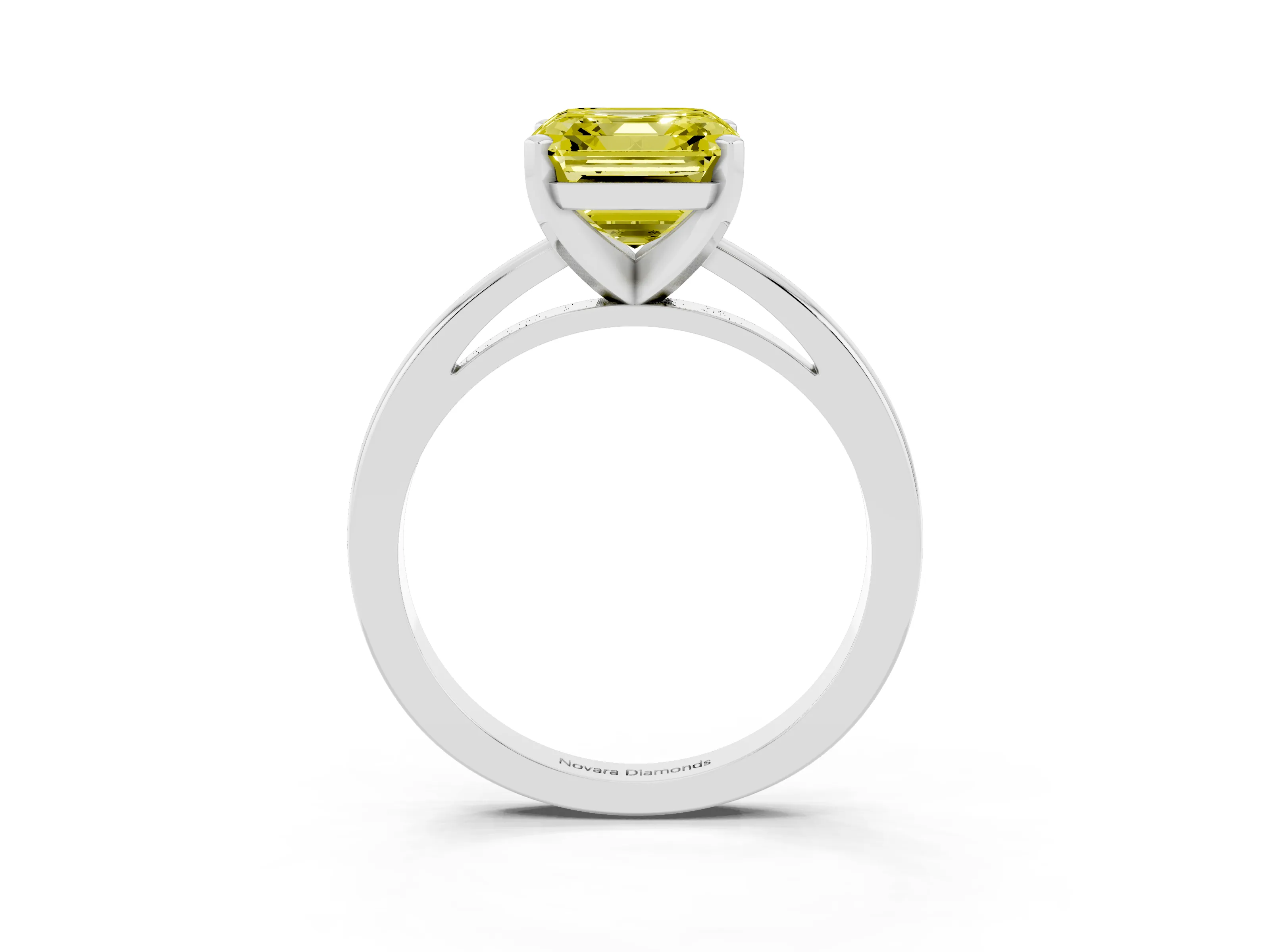 Fancy Yellow Asscher Cut Diamond Solitaire Engagement Ring Set in Platinum with Prong Setting on a Classic Band