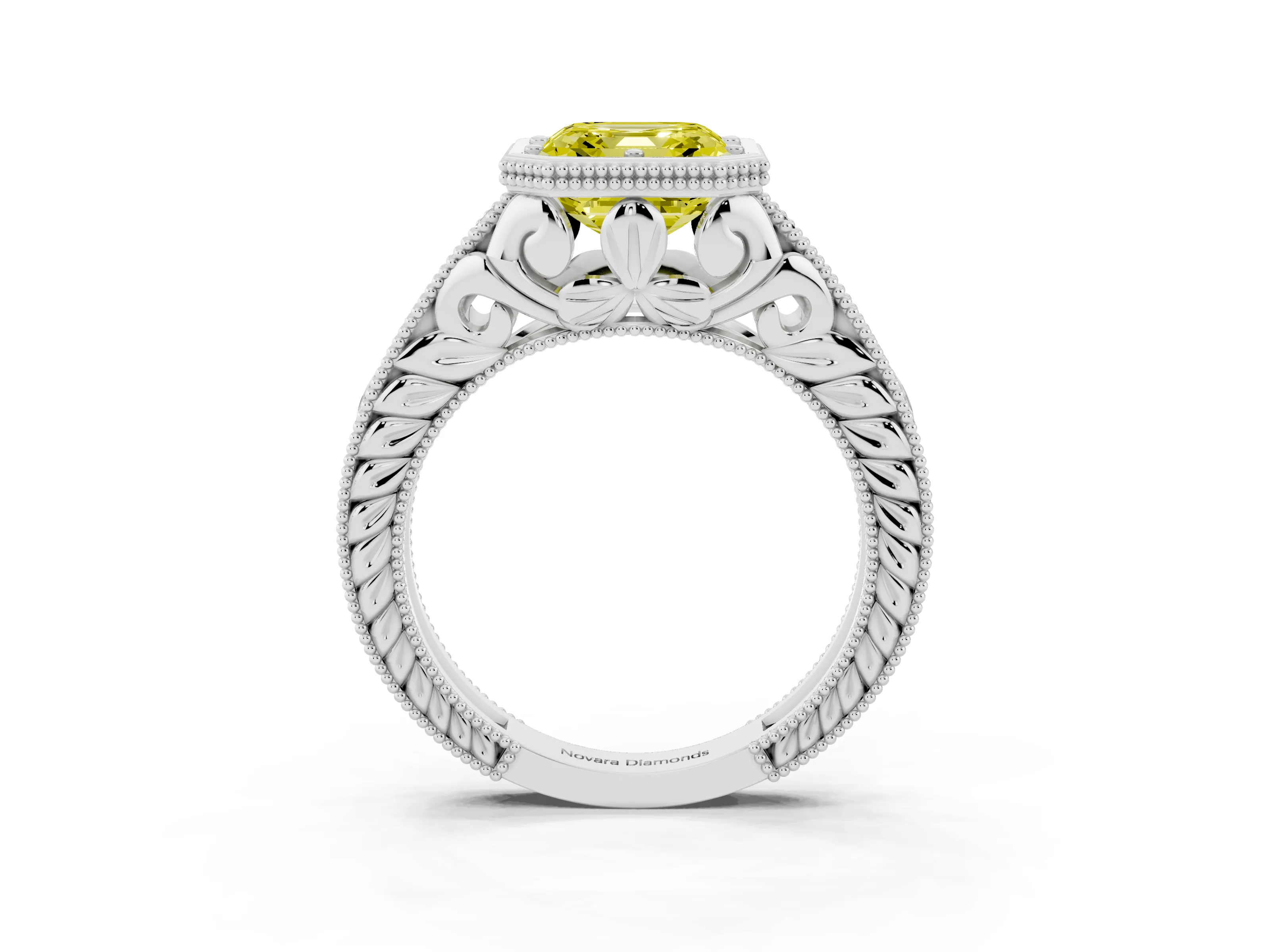 Fancy Yellow Bezel Set Asscher Cut Diamond Milgrain Pavé Engagement Ring Set in Silver