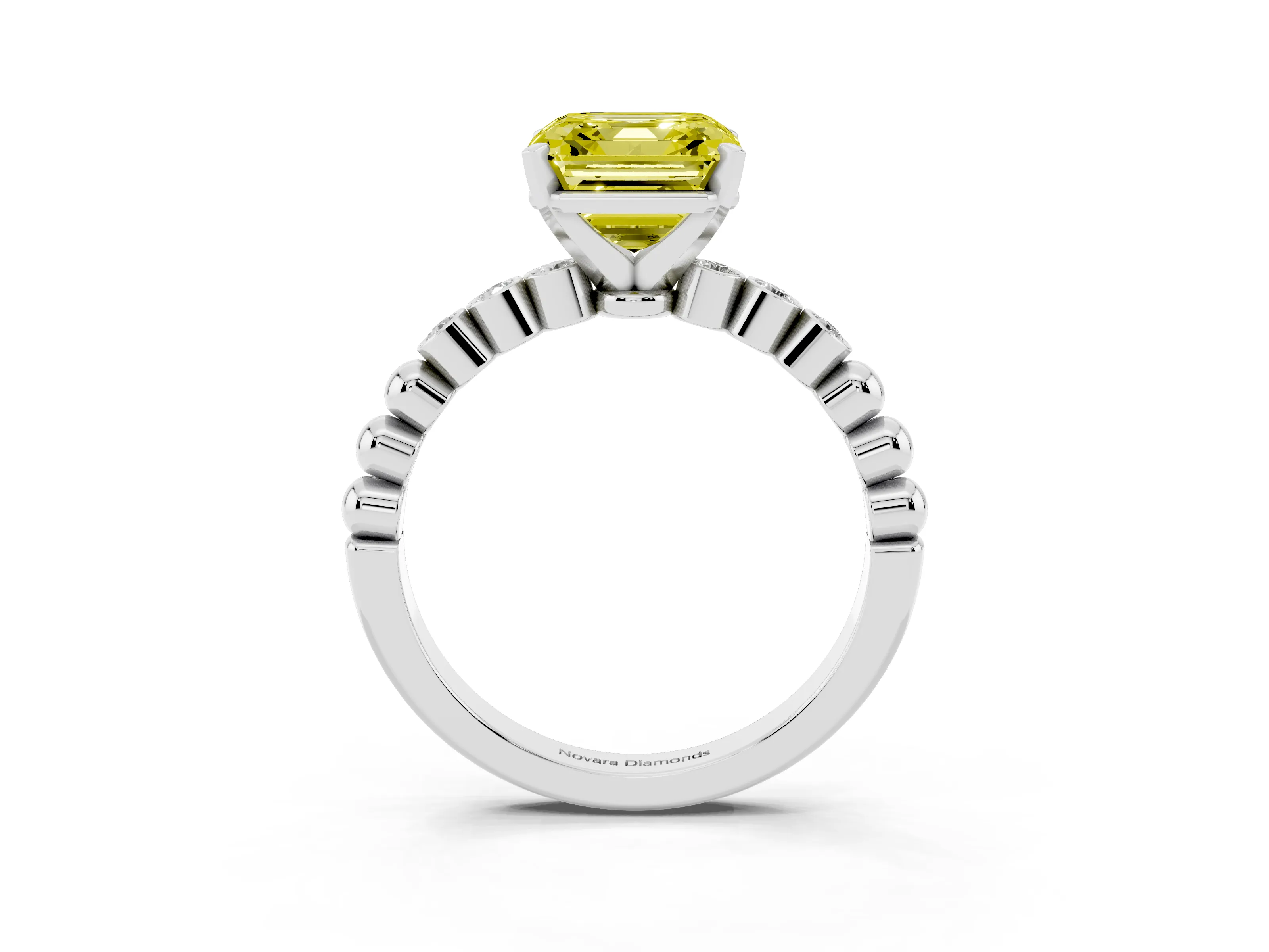 Fancy Yellow Asscher Cut Diamond Solitaire Engagement Ring Set in White gold with Bezel Accents on Beaded Band