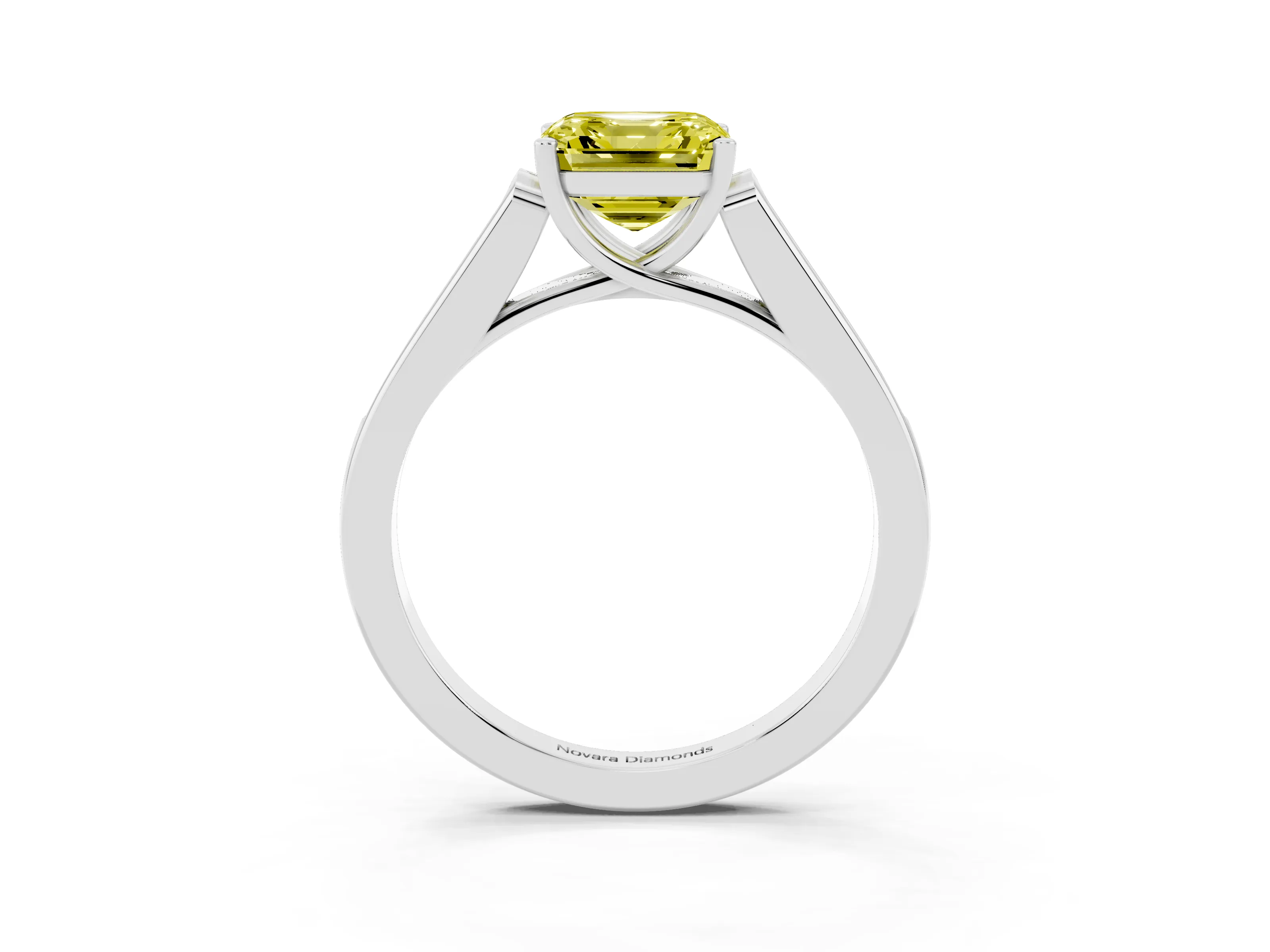 Fancy Yellow Asscher Cut Diamond Solitaire Cathedral Engagement Ring Set in White gold with Channel-Set Band and Prong Setting
