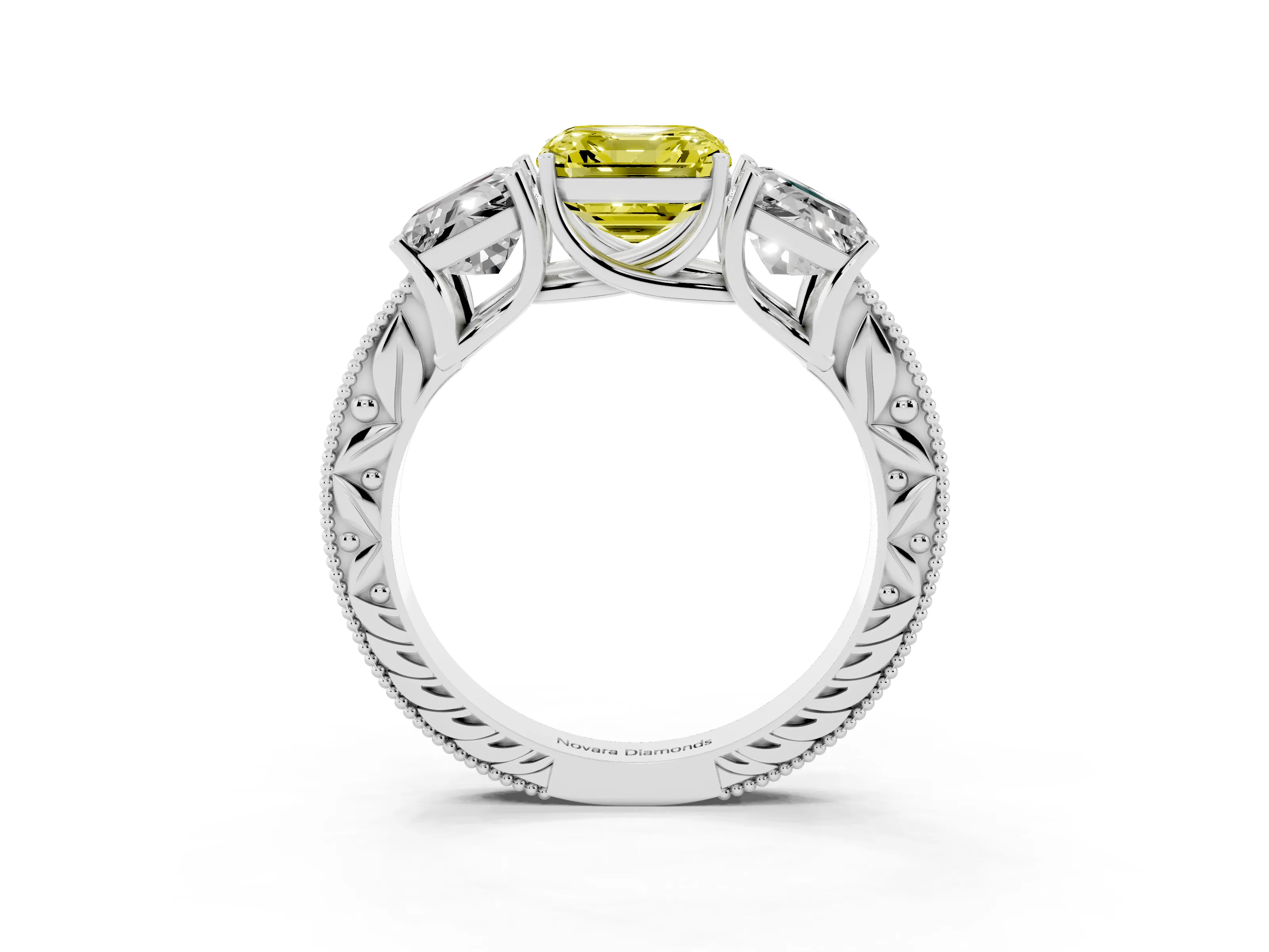 Fancy Yellow Asscher Cut Diamond Three-Stone Engagement Ring Set in Silver with Milgrain Pavé Band