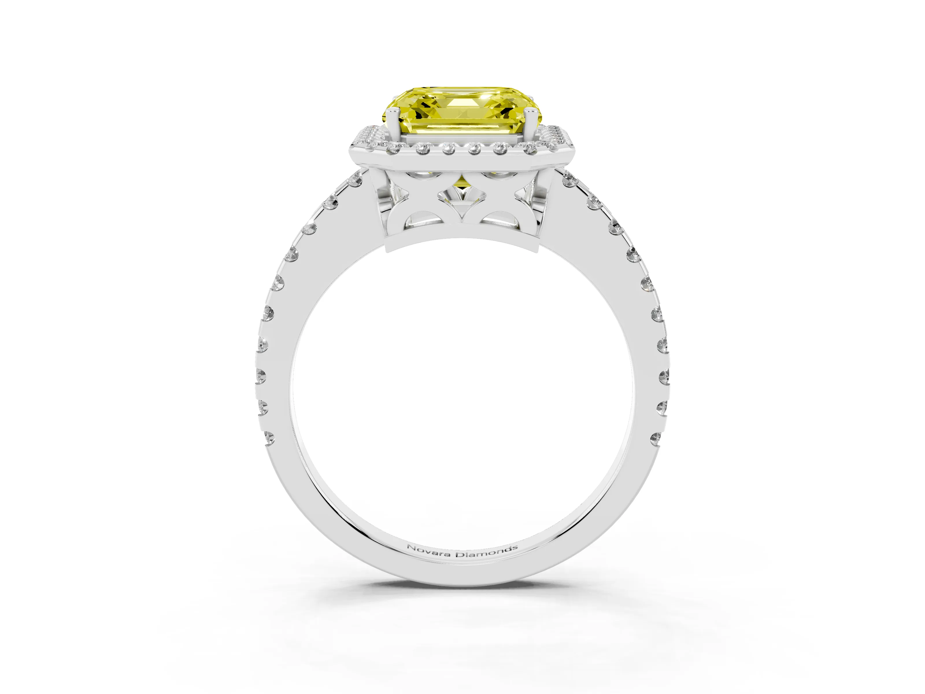 Fancy Yellow Asscher Cut Diamond Halo Ring Set in Platinum with Pavé Shoulders and Halo-Framed Center
