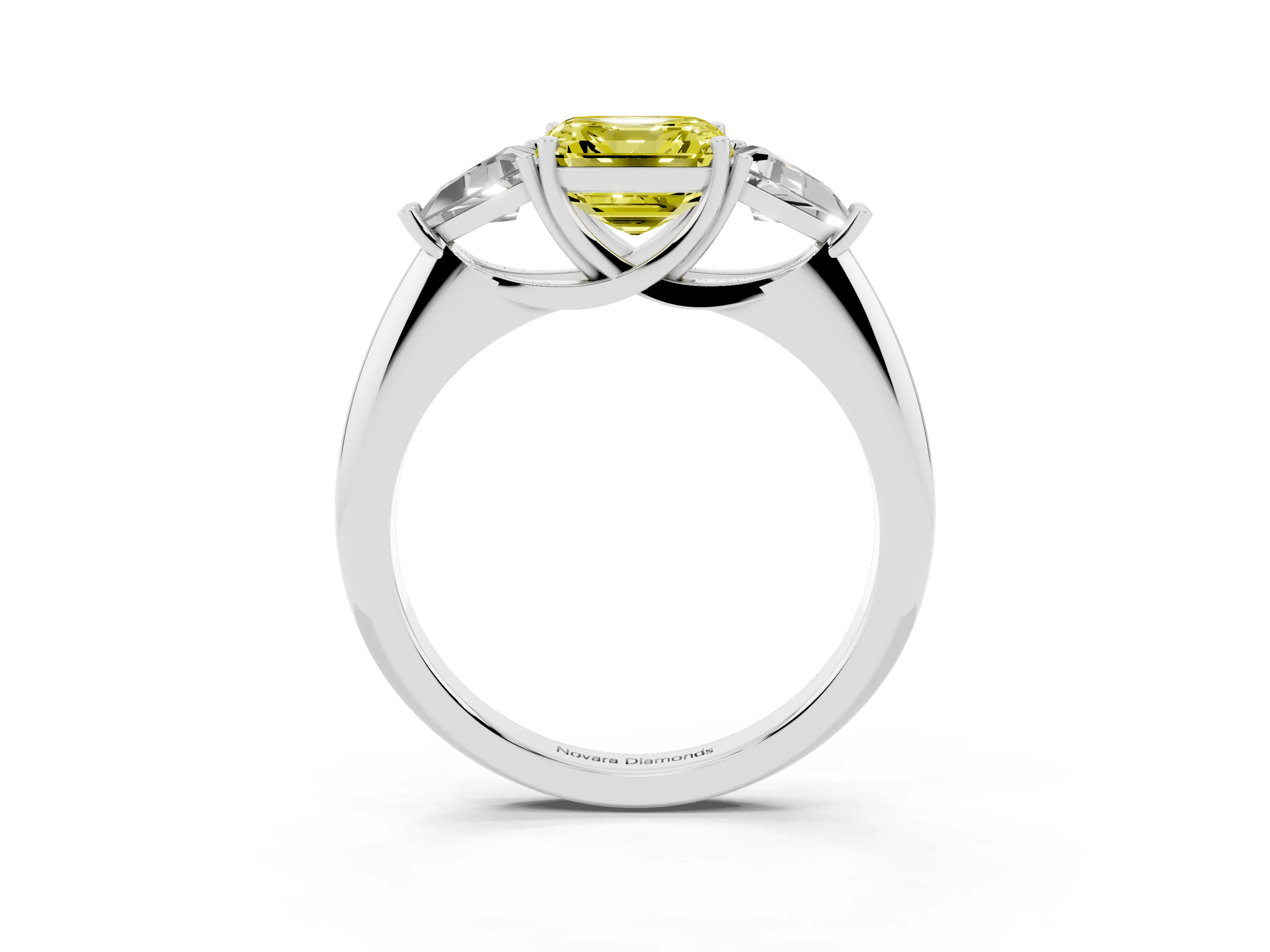 Fancy Yellow Asscher Cut Diamond Three-Stone Engagement Ring Set in White gold with Trillion Side Stones