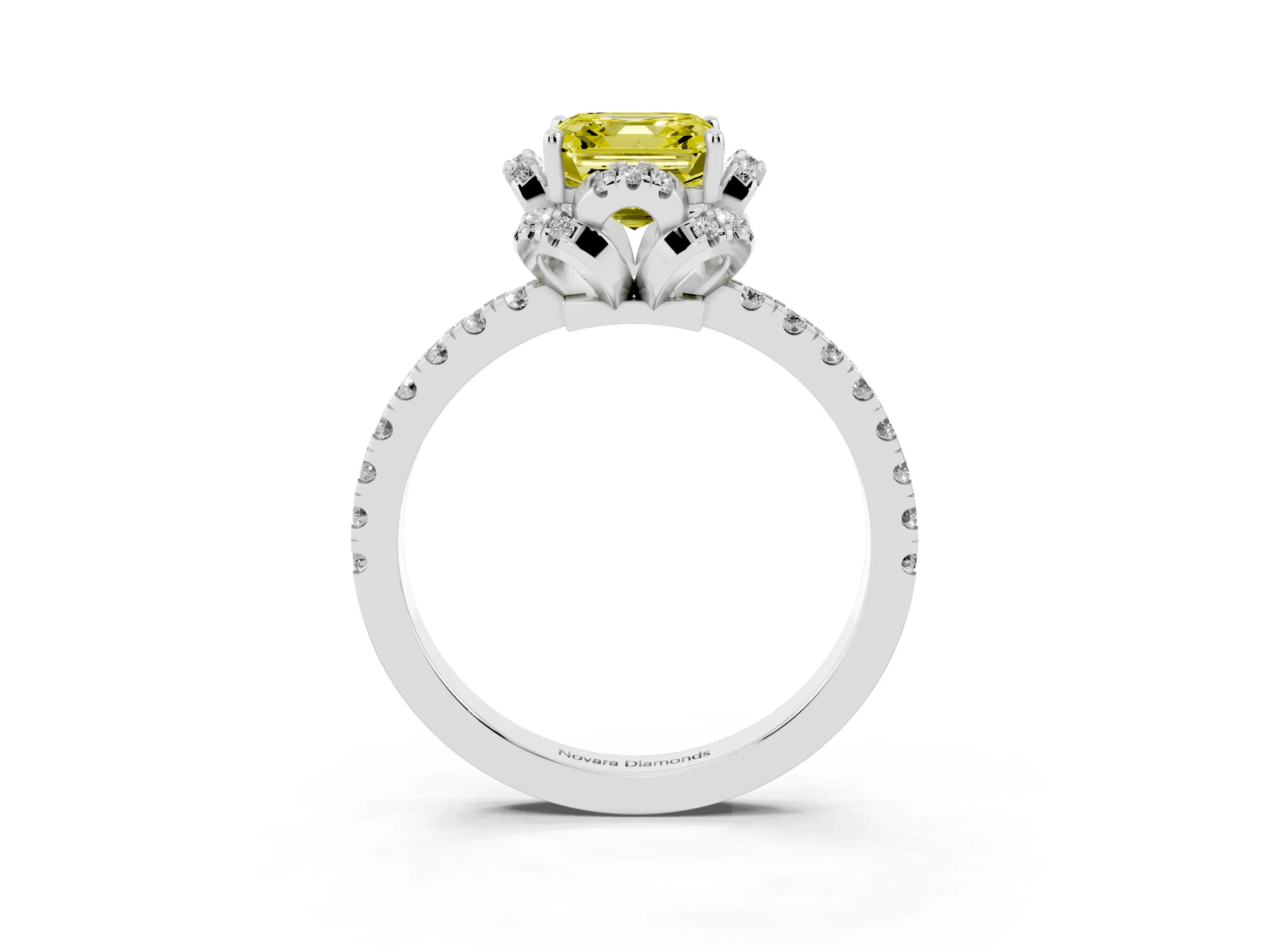 Fancy Yellow Asscher Cut Diamond Halo Pavé Ring Set in Platinum with Prong-Held Center Stone