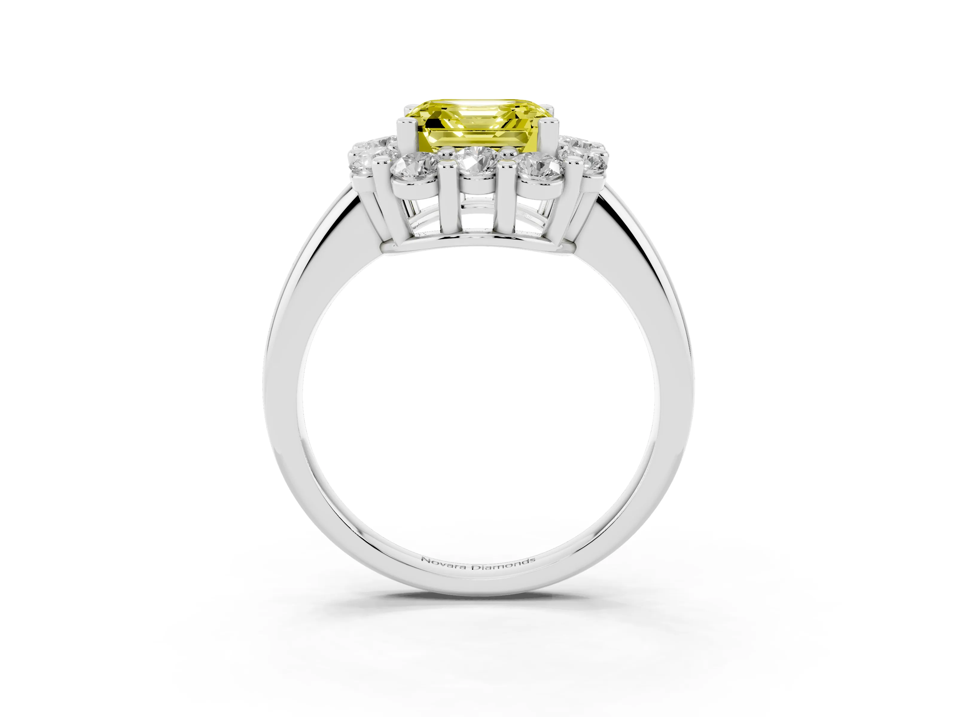 Fancy Yellow Asscher Cut Diamond Halo Cluster Engagement Ring Set in White gold with Polished Band and Prong Setting