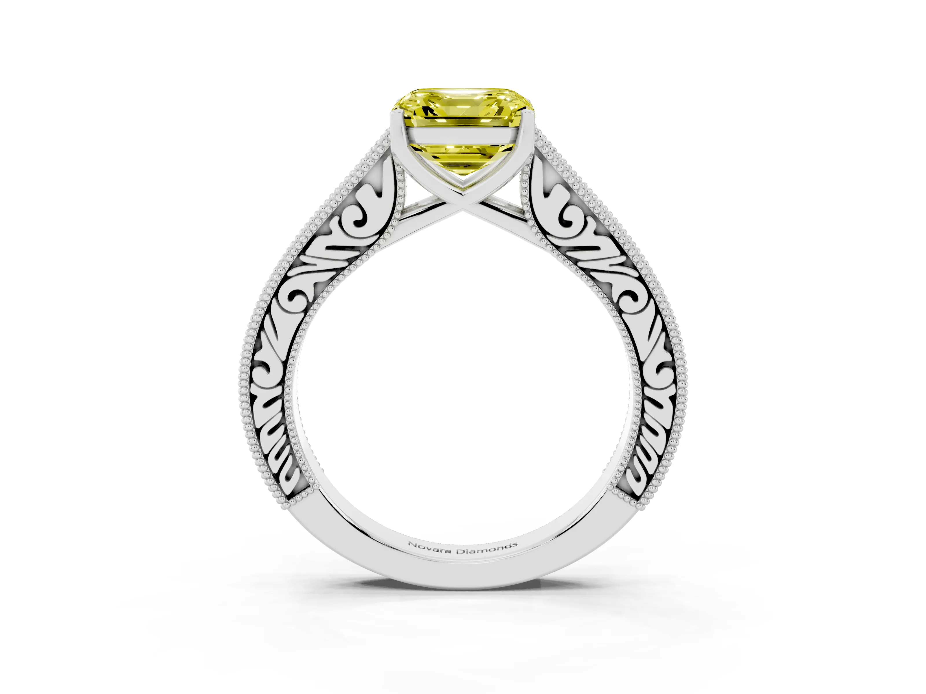 Fancy Yellow Asscher Cut Diamond Milgrain Pavé Band Solitaire Ring Set in Platinum with Prong Setting