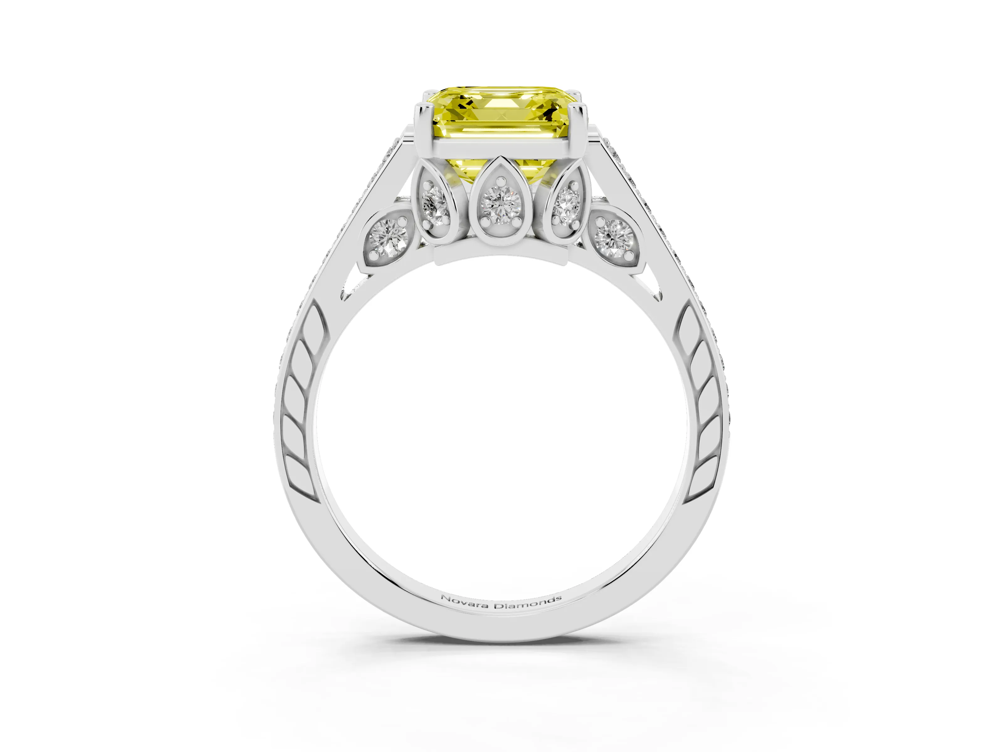 Fancy Yellow Asscher Cut Diamond Cathedral Pavé Engagement Ring Set in Silver with Prong Setting