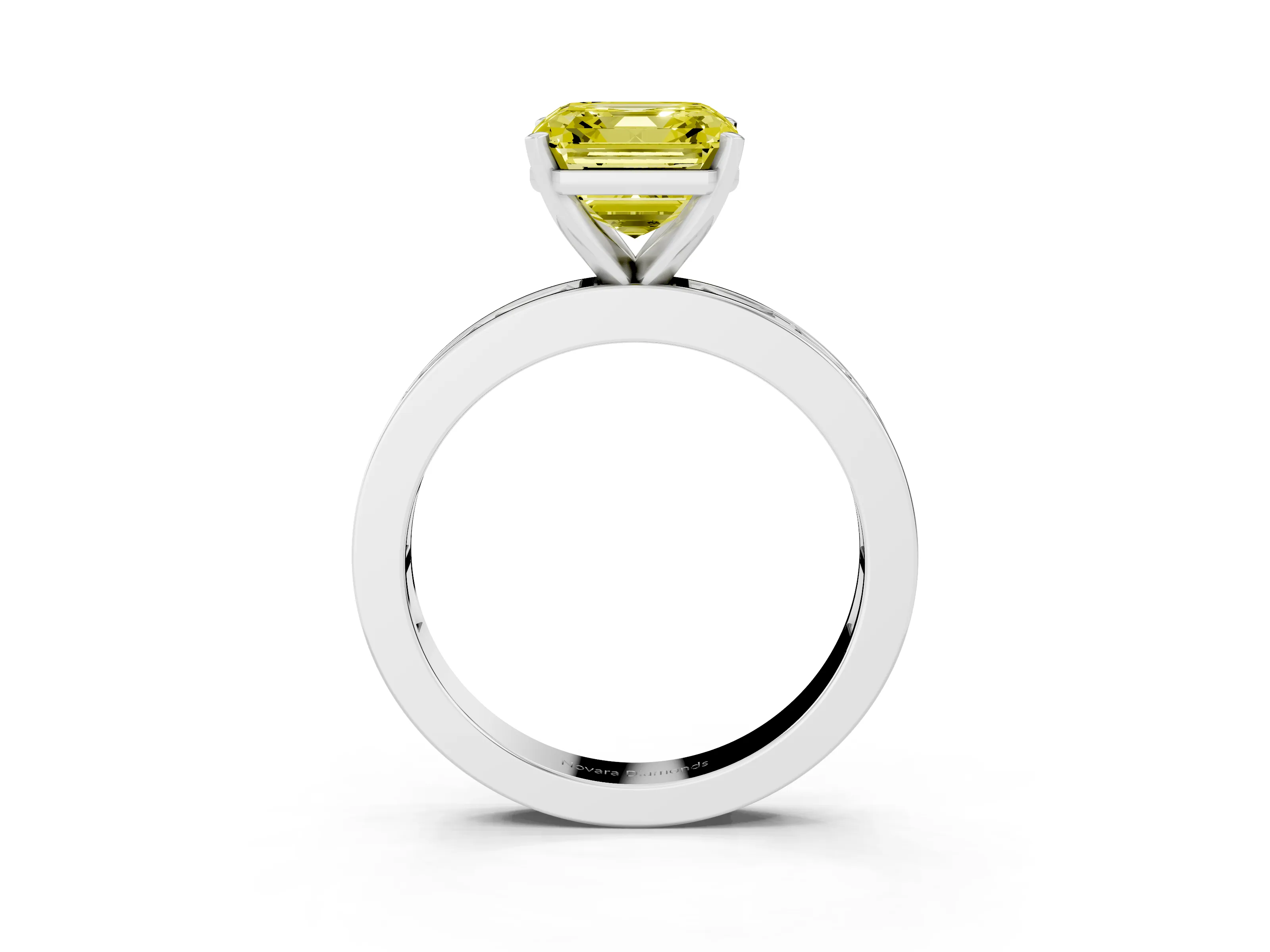 Fancy Yellow Asscher Cut Diamond Solitaire Ring Set in White gold with Channel-Set Baguette Band and Prong Setting