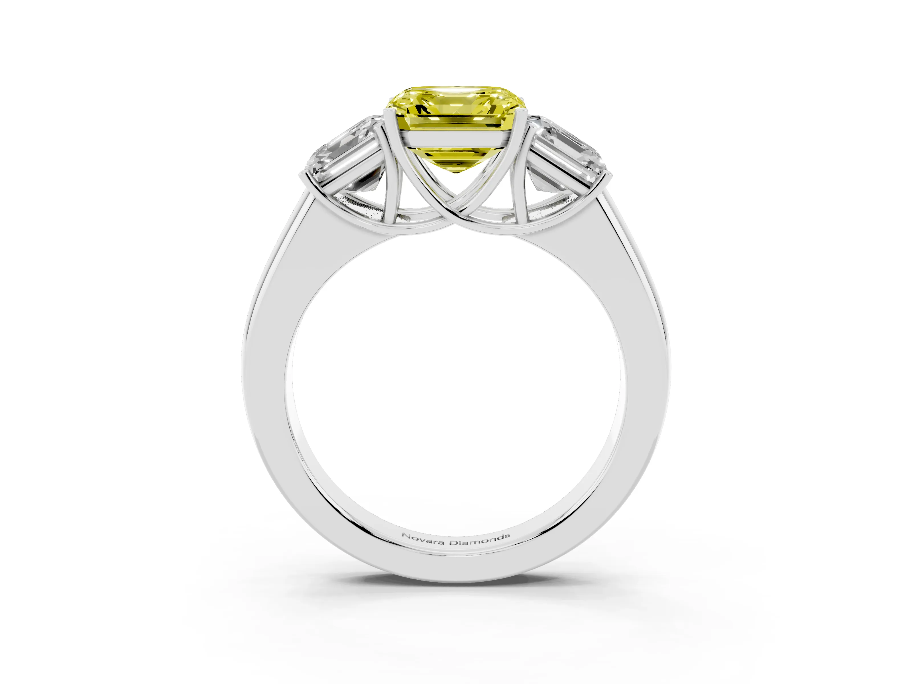 Fancy Yellow Three-Stone Asscher Cut Diamond Ring Set in Silver with Matching Prong Settings and Plain Band