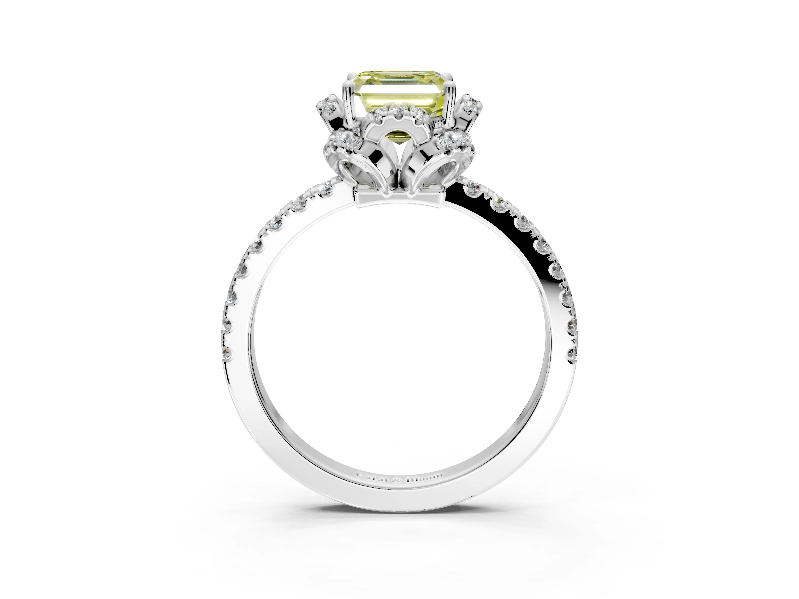 Halo Engagement Ring Setting for Fancy Yellow Asscher Cut Center with Openwork Halo, Pave Band and Prong Head in White Gold