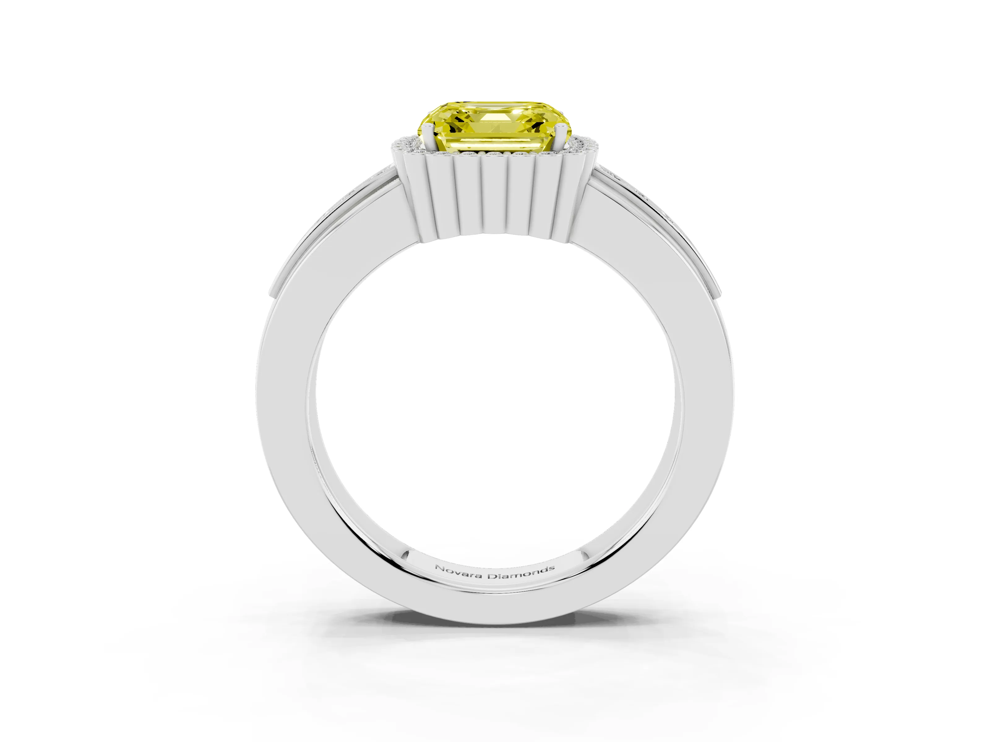 Fancy Yellow Asscher Cut Diamond Halo Prong Ring Set in Platinum with Pavé Band