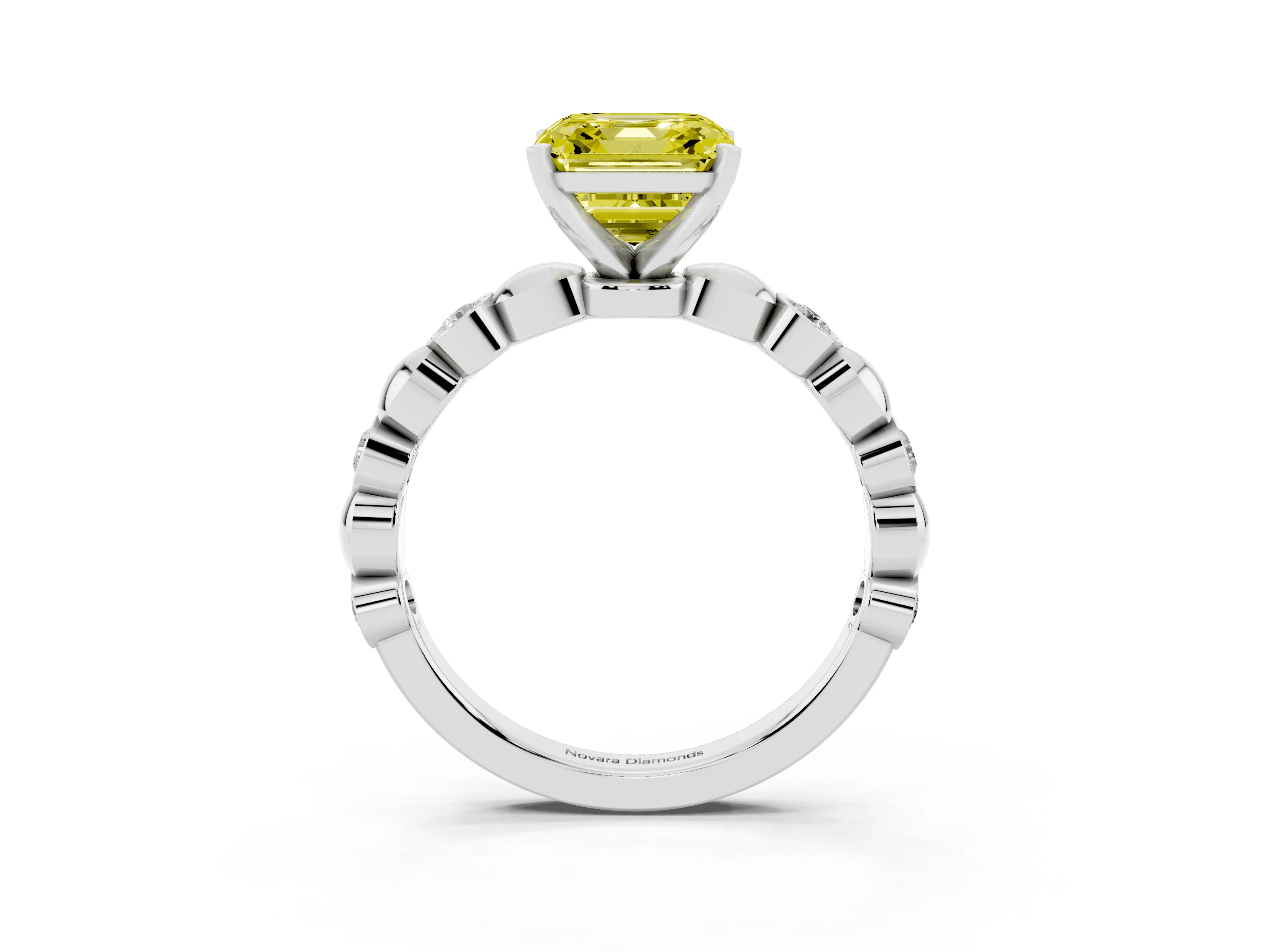 Fancy Yellow Asscher Cut Diamond Solitaire Ring Set in White gold with Bezel-Set Accents on Beaded Band and Prong Setting