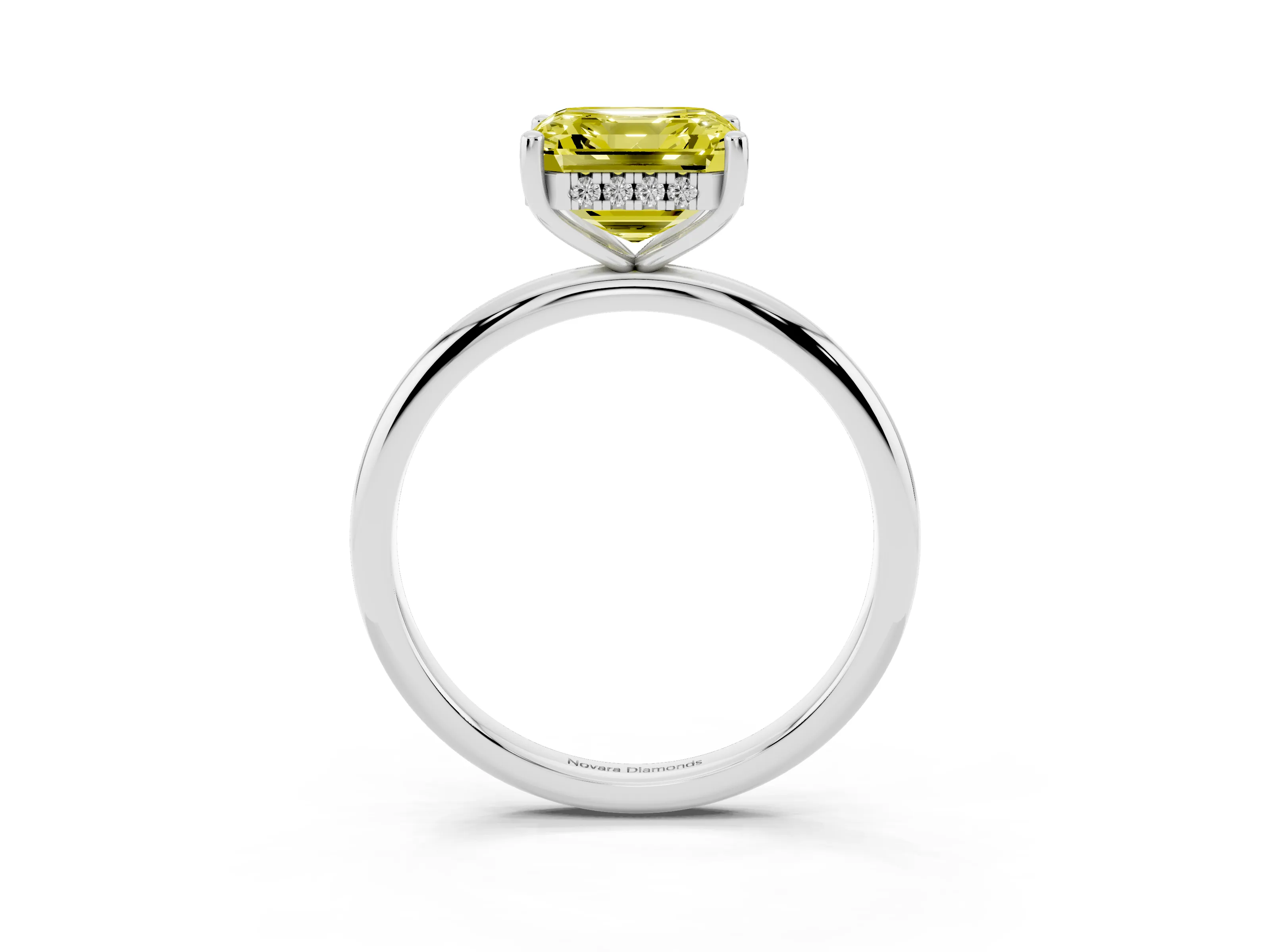 Fancy Yellow Asscher Cut Diamond Solitaire Engagement Ring Set in Silver with Prong Setting and Polished Band