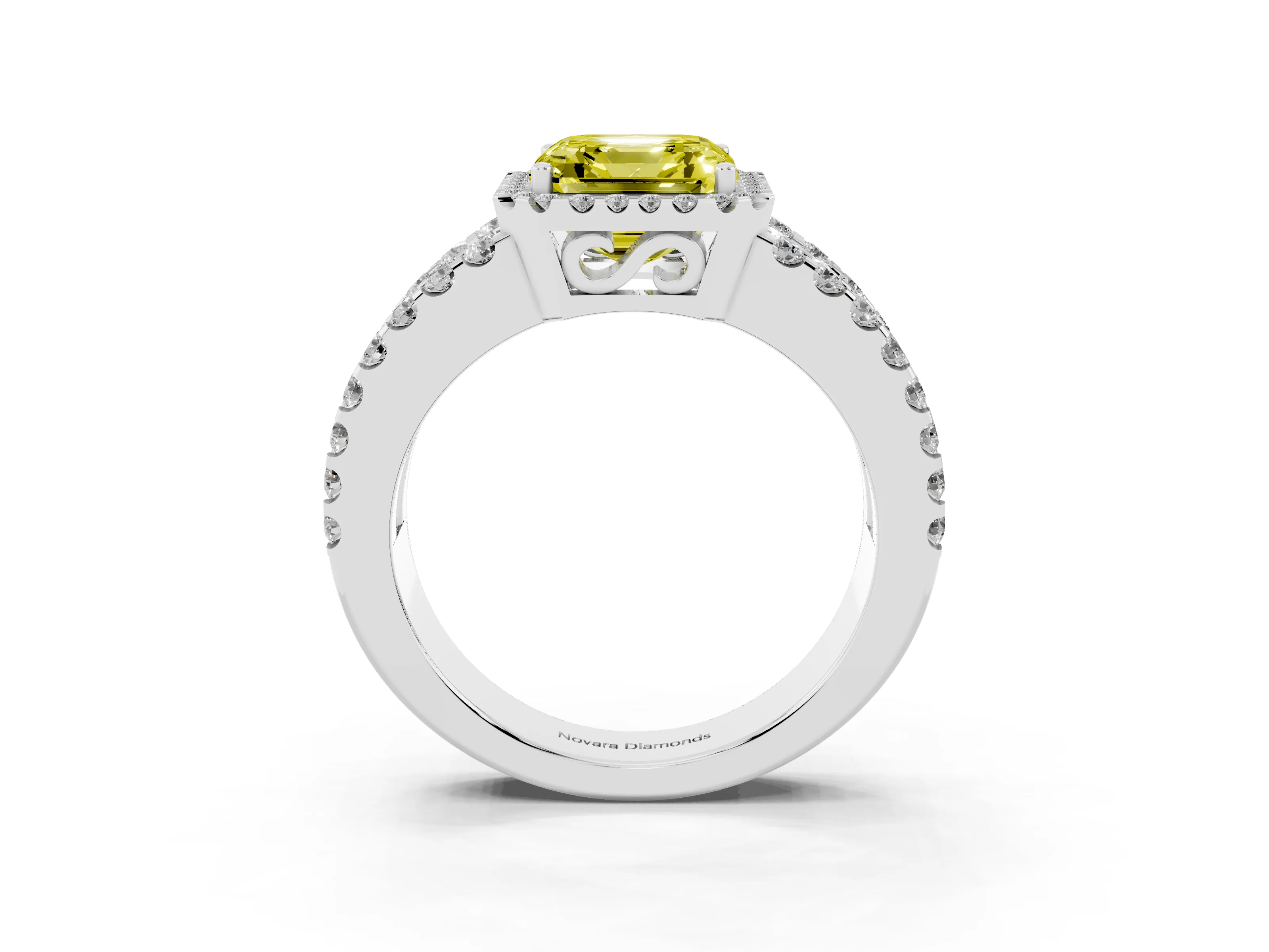 Fancy Yellow Asscher Cut Diamond Halo Ring Set in Platinum with Pavé Split Shank and Prong Setting