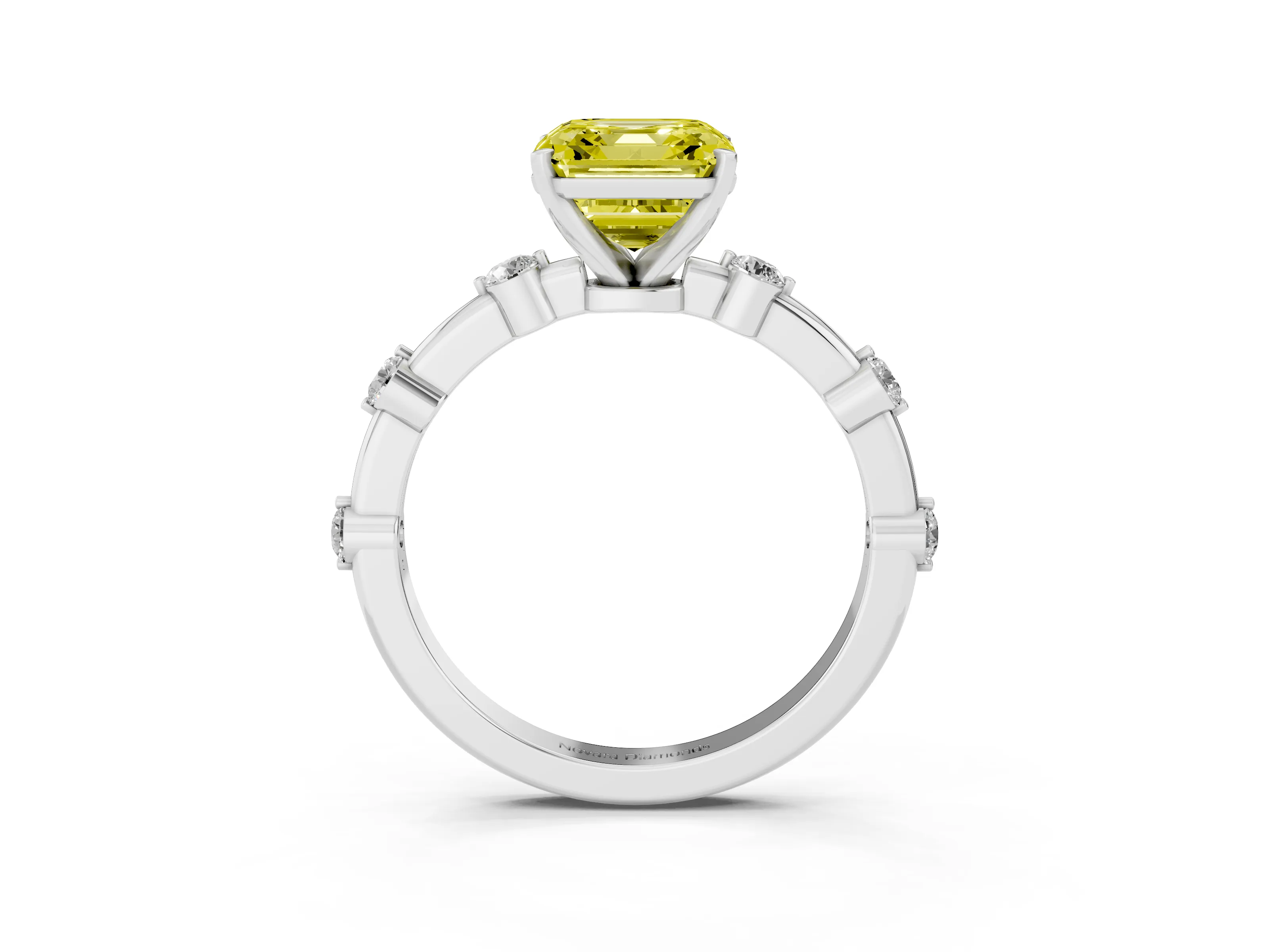 Fancy Yellow Asscher Cut Diamond Solitaire Ring Set in Silver with Bezel Set Side Stones and Prong Setting