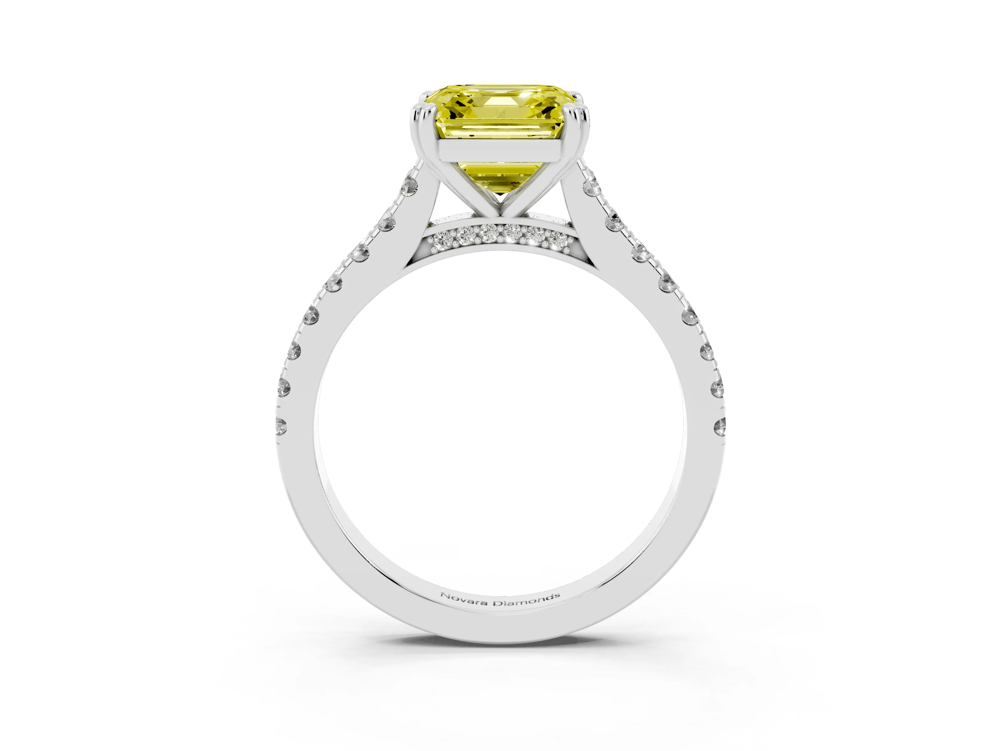 Fancy Yellow Asscher Cut Diamond Solitaire Engagement Ring Set in Platinum with Pavé Accents and Prong Setting