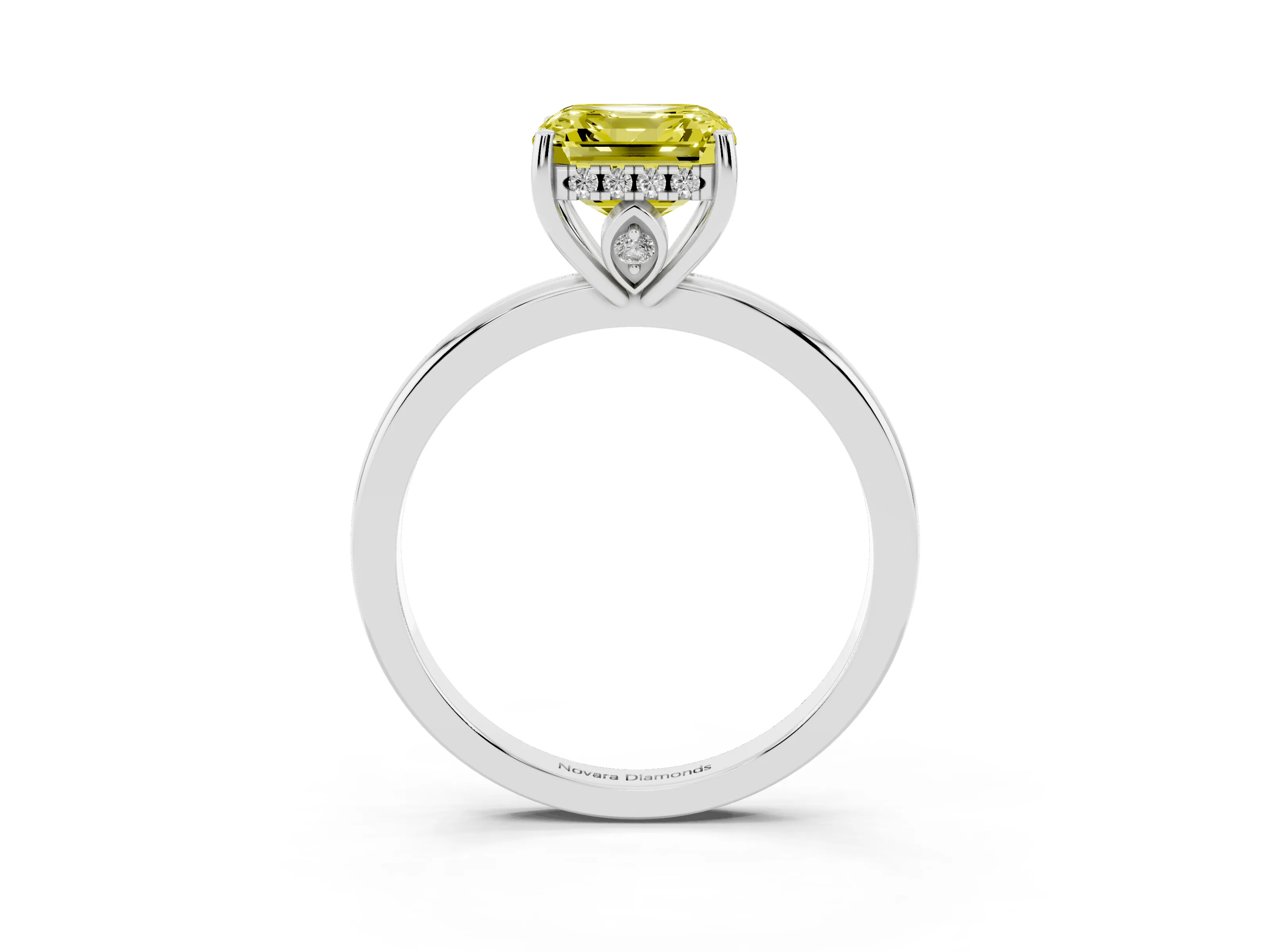 Fancy Yellow Asscher Cut Diamond Solitaire Ring Set in Platinum with Plain Band and Prong Setting