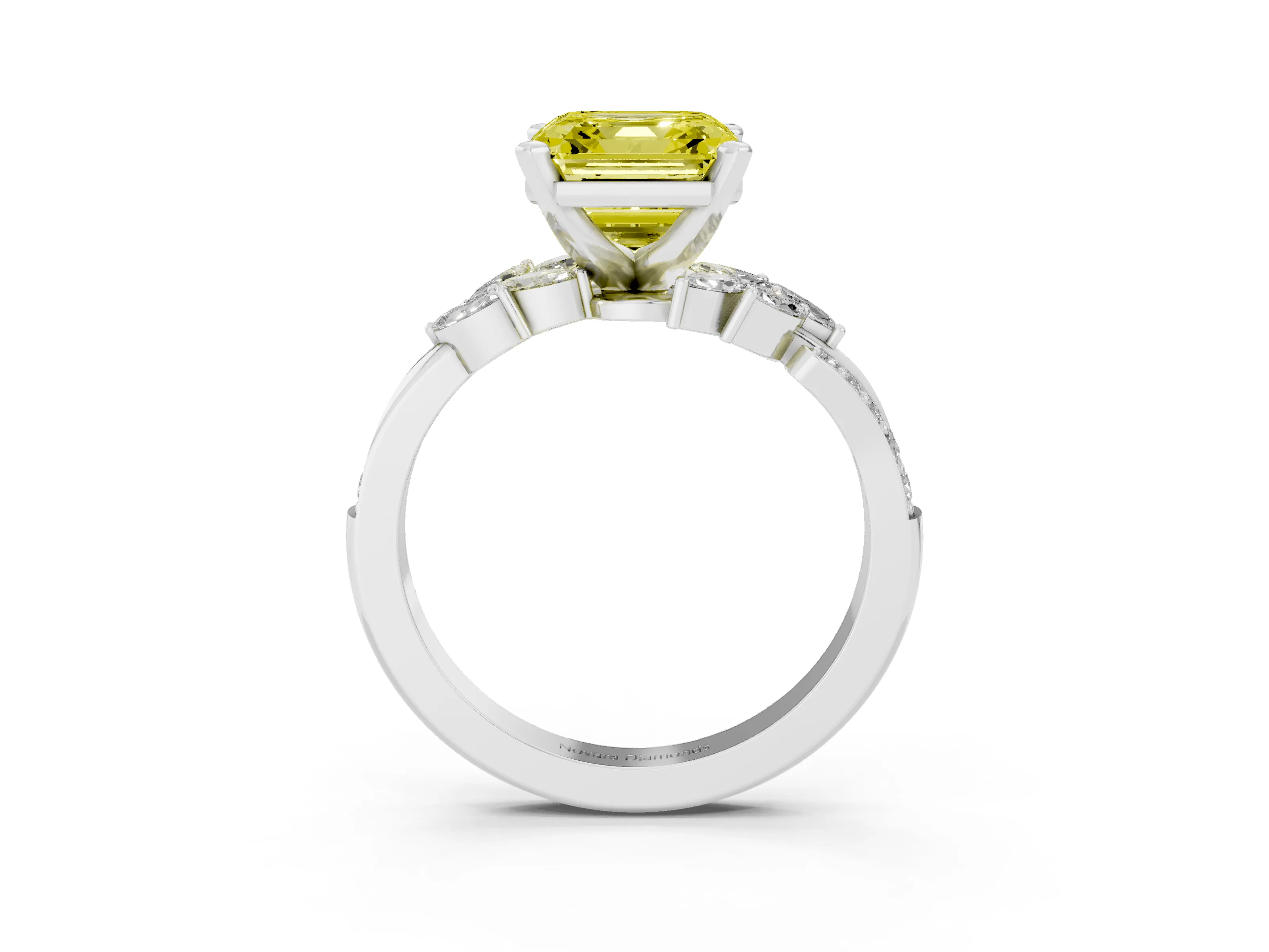 Fancy Yellow Asscher Cut Diamond Solitaire Ring Set in Platinum with Marquise Twist Band and Prong Setting