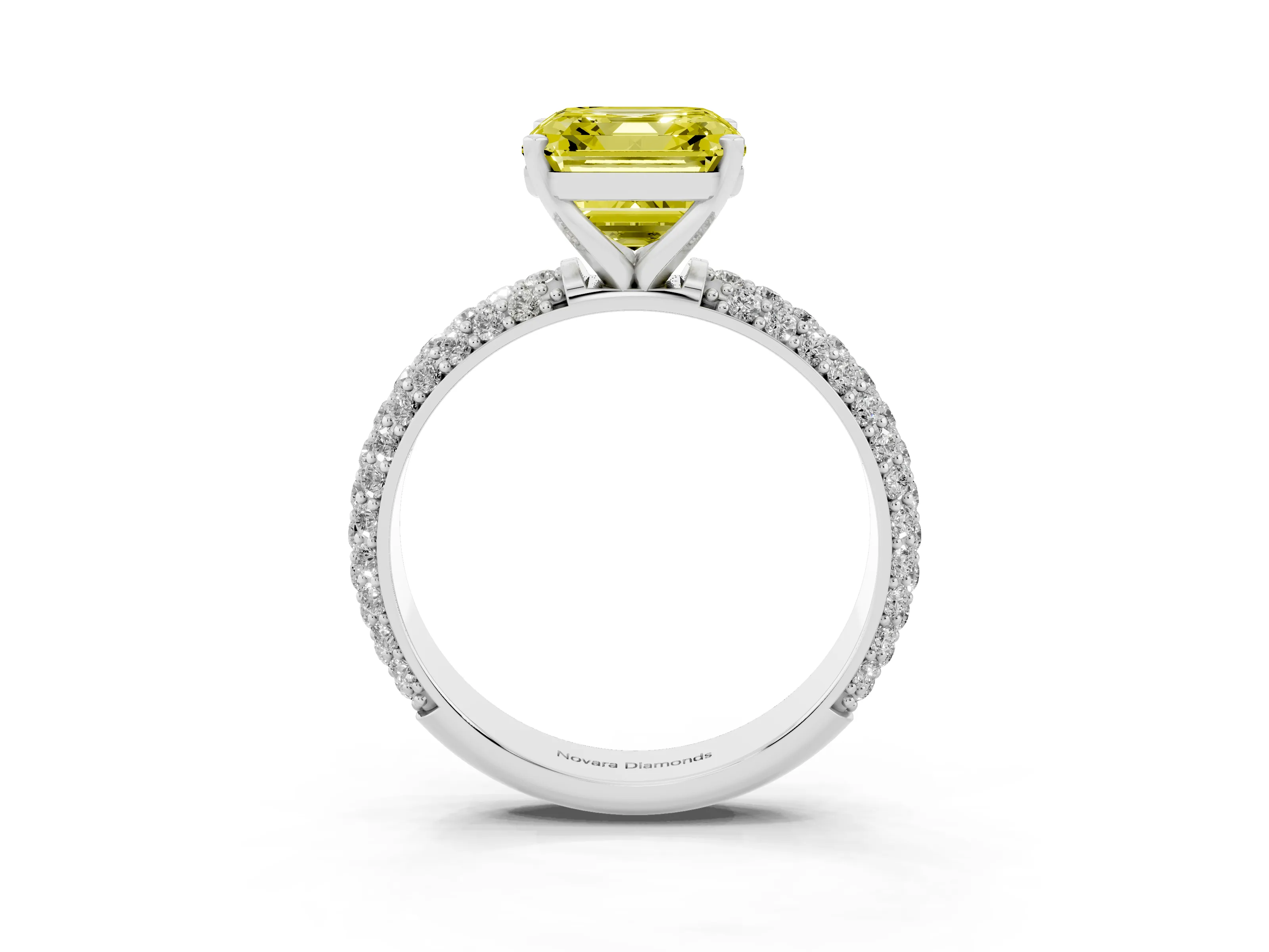 Fancy Yellow Asscher Cut Diamond Solitaire Ring Set in Silver with Prong Setting and Pavé-Set Band