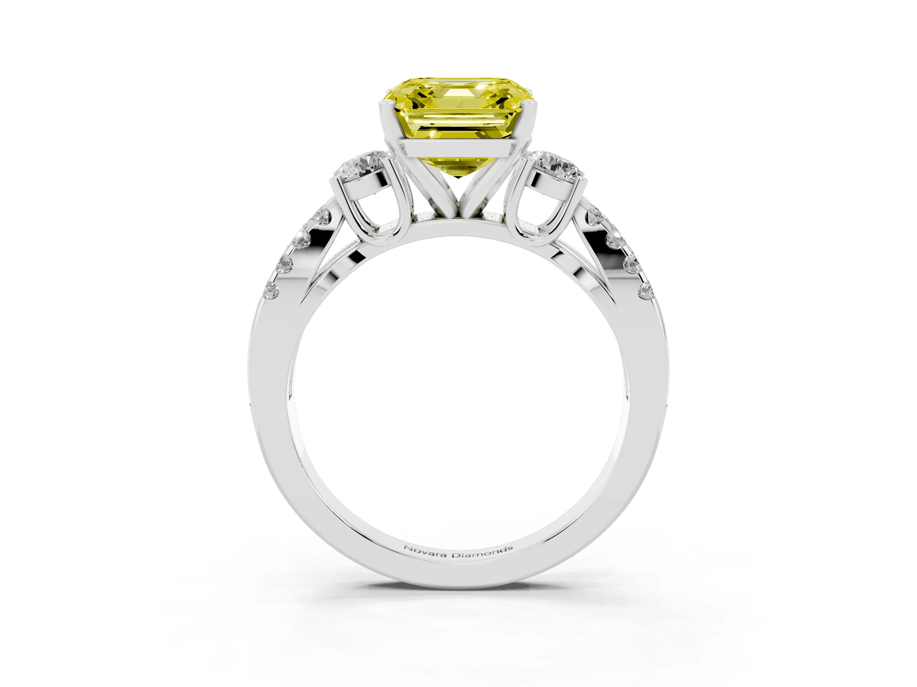 Fancy Yellow Asscher Cut Diamond Three-Stone Ring Set in Platinum with Pavé Split Shank and Prong Setting