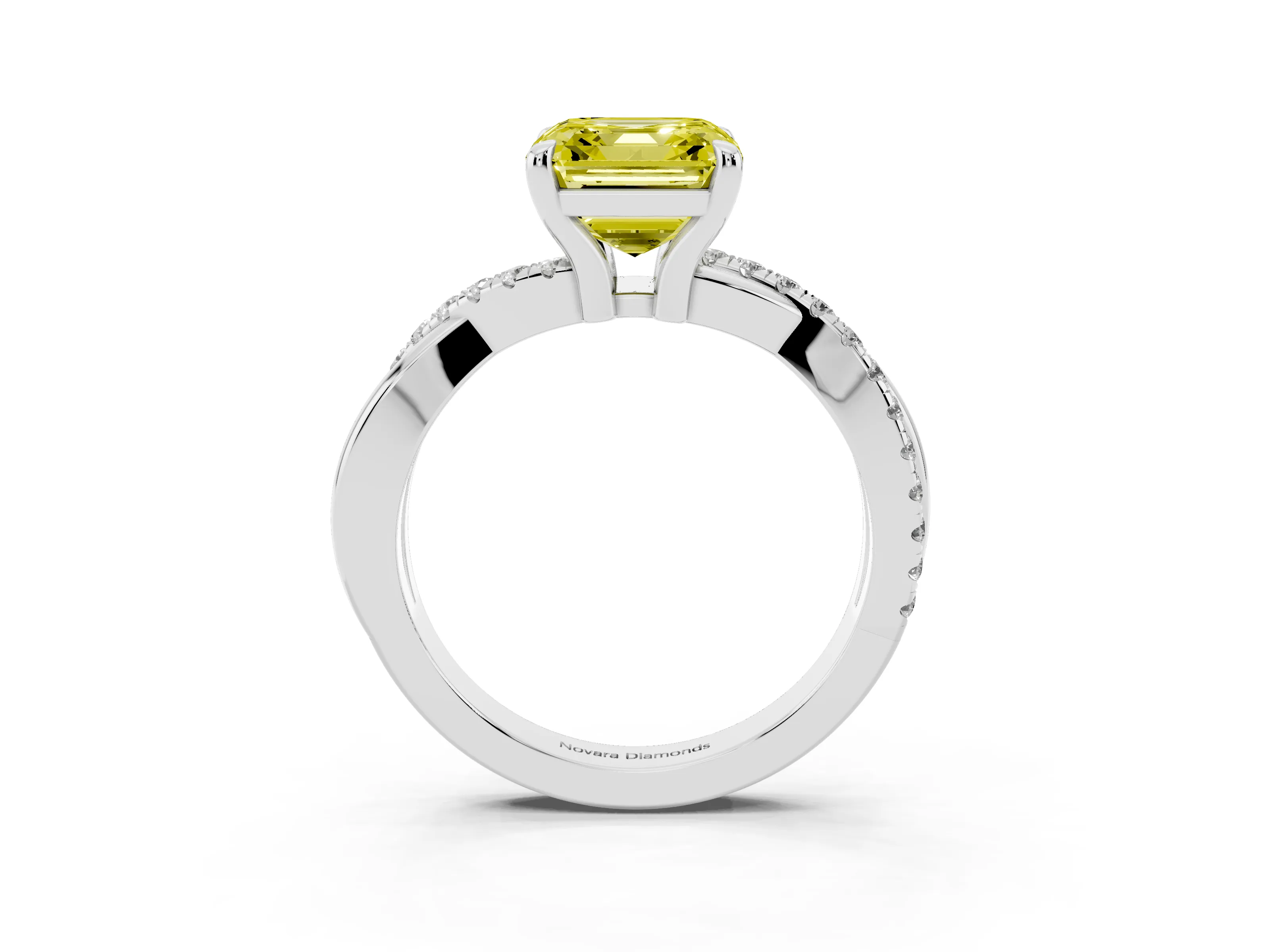 Fancy Yellow Asscher Cut Diamond Twist Band Pavé Solitaire Ring Set in White gold with Prong Setting