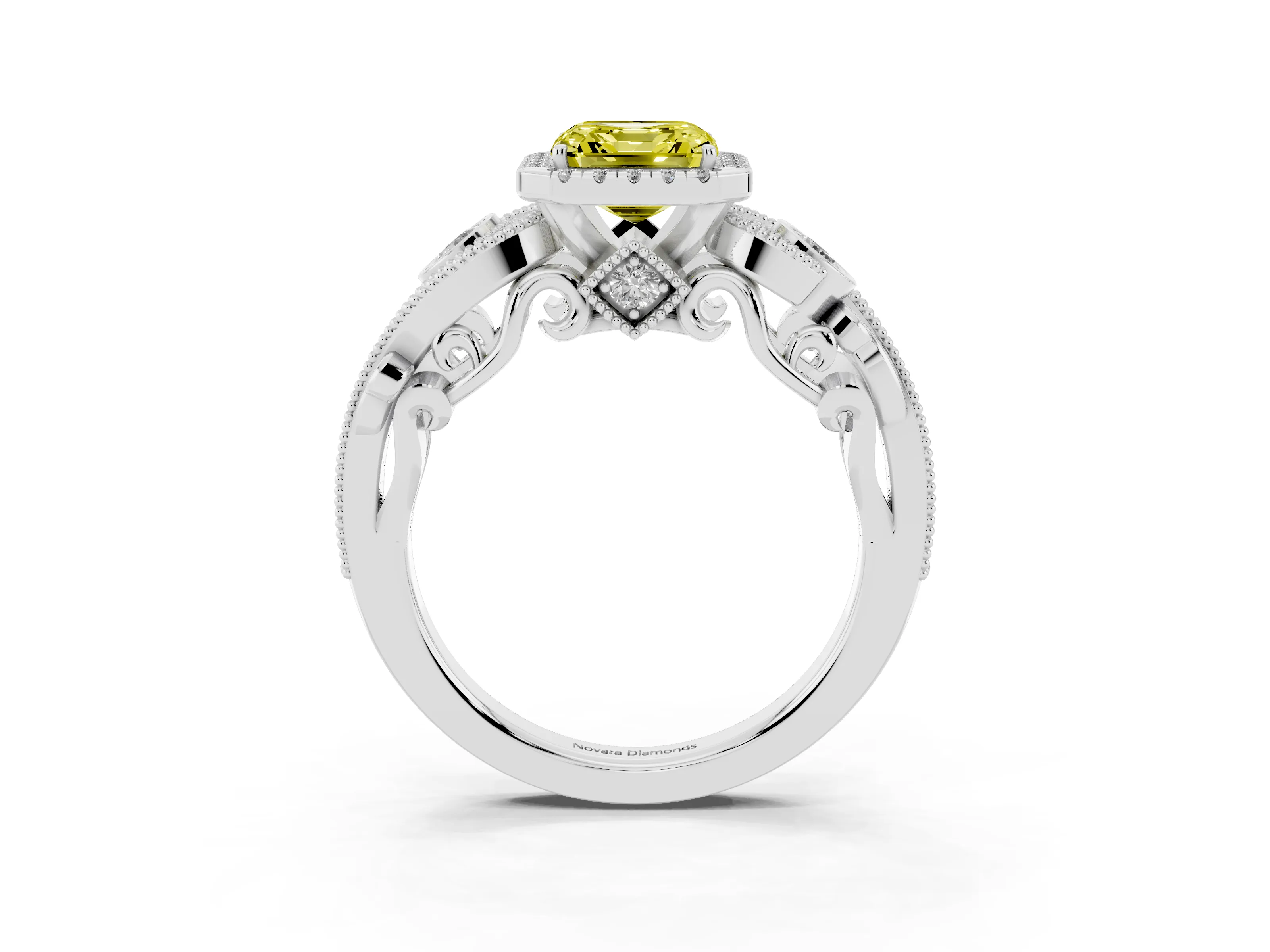 Fancy Yellow Asscher Cut Diamond Halo Ring Set in Silver with Milgrain Pavé Band and Prong Setting