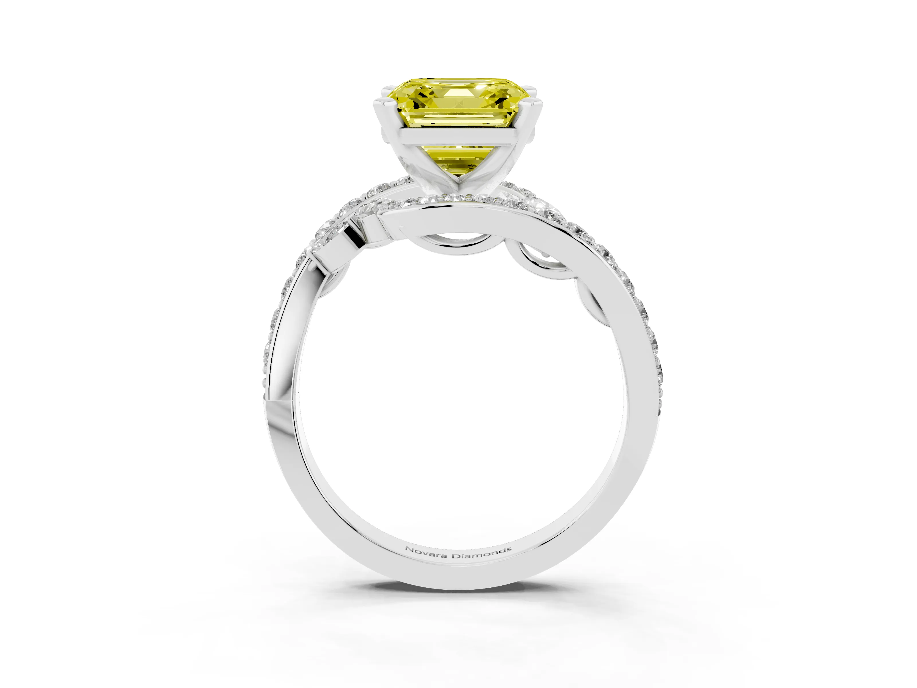 Fancy Yellow Asscher Cut Diamond Solitaire Ring Set in Silver with Pavé Twist Band and Secure Prong Setting
