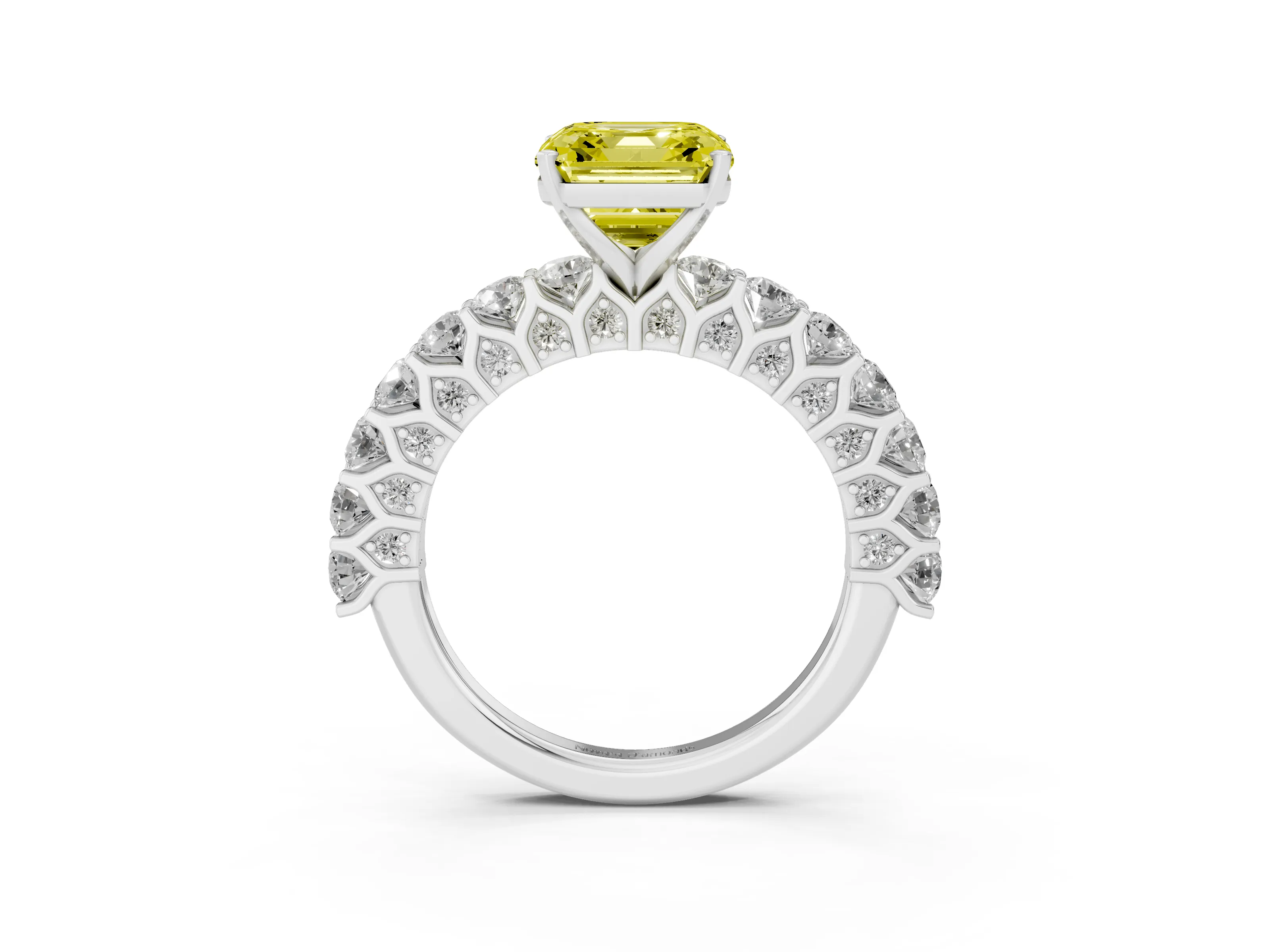 Fancy Yellow Asscher Cut Diamond Solitaire Ring Set in Platinum with Shared Prong Pavé Band