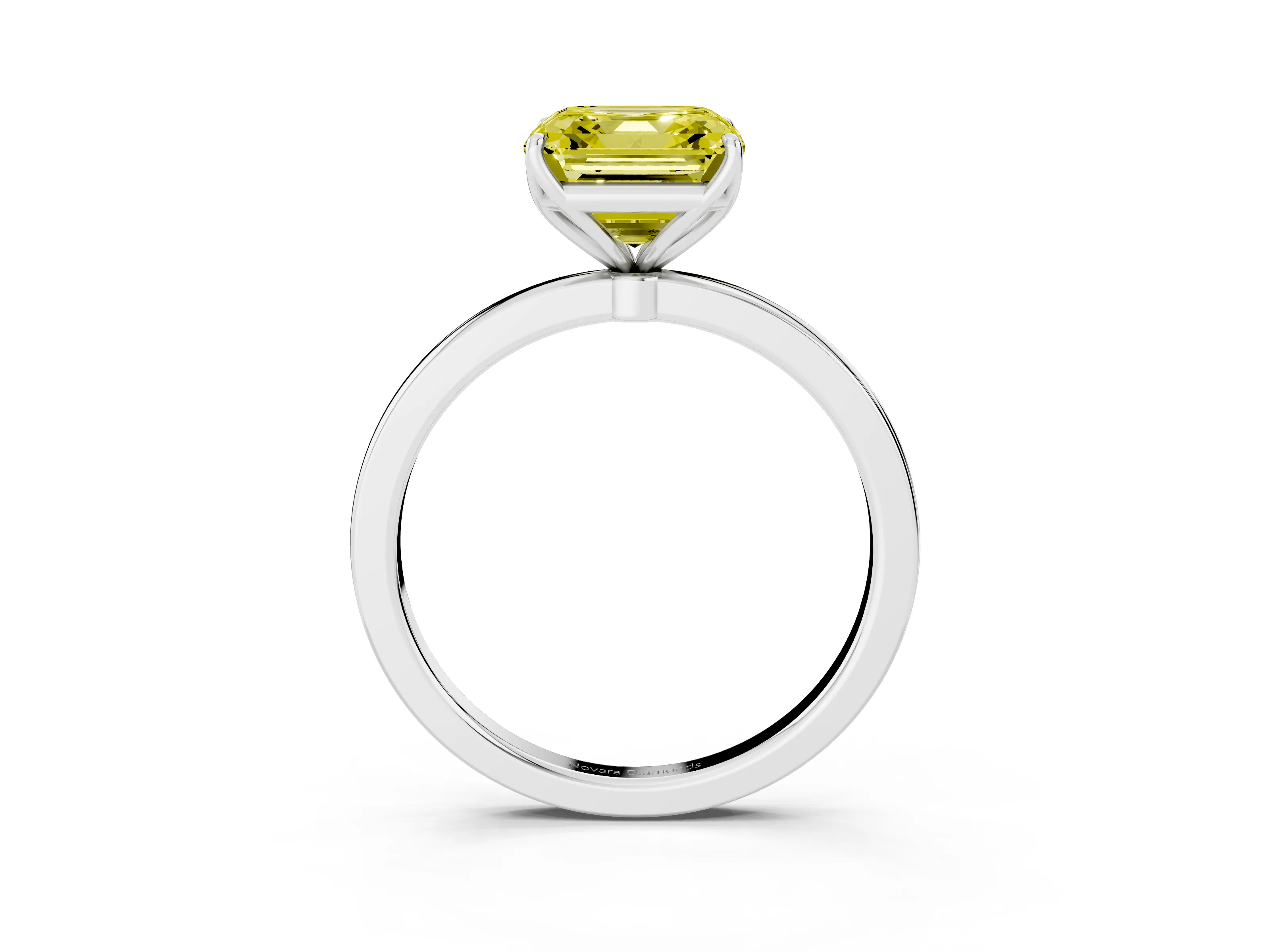 Fancy Yellow Asscher Cut Diamond Solitaire Ring Set in Platinum with Prong Setting and Thin Polished Band