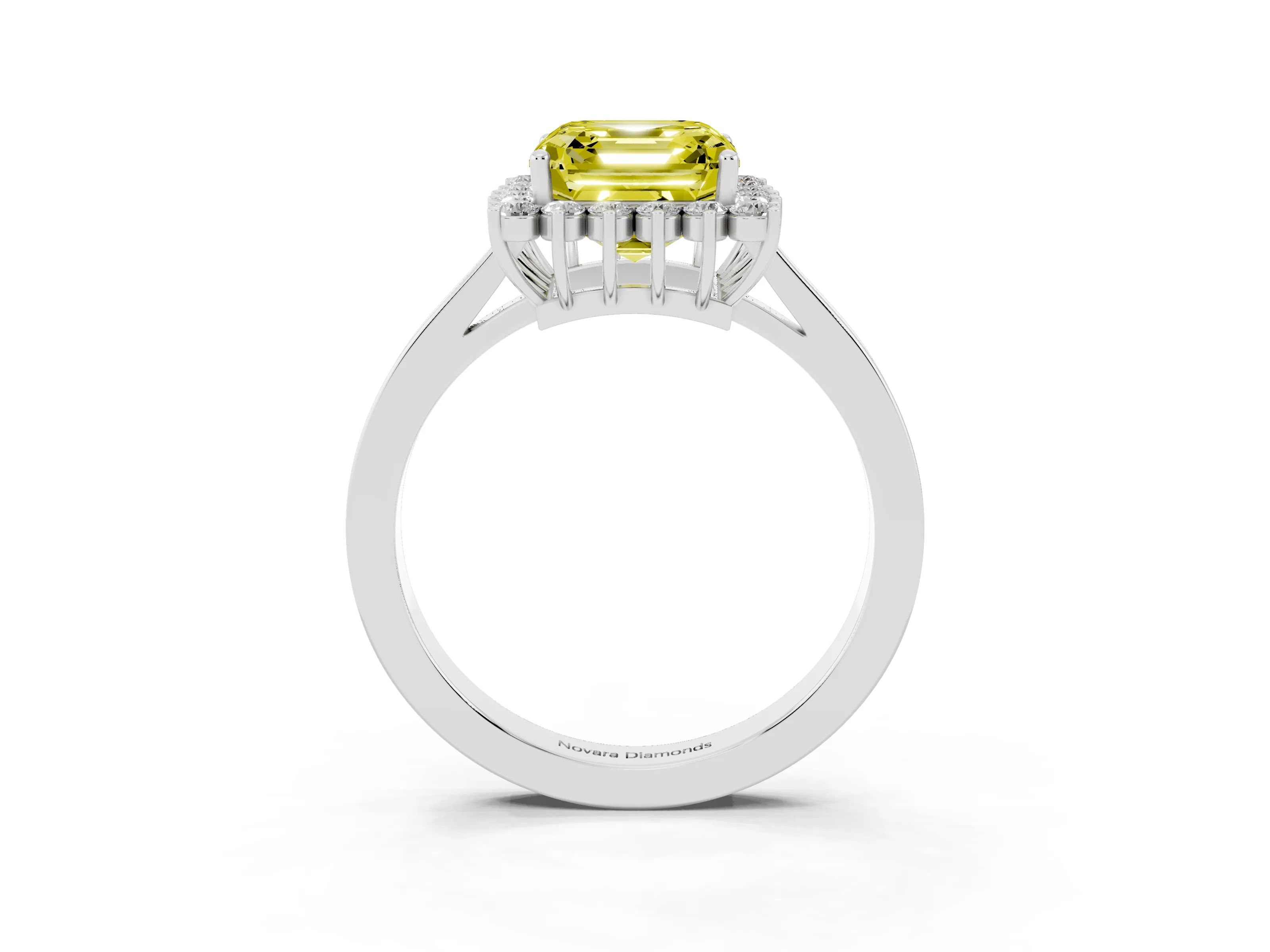 Fancy Yellow Asscher Cut Diamond Halo Ring Set in White gold with Round Halo and Smooth Solitaire Band