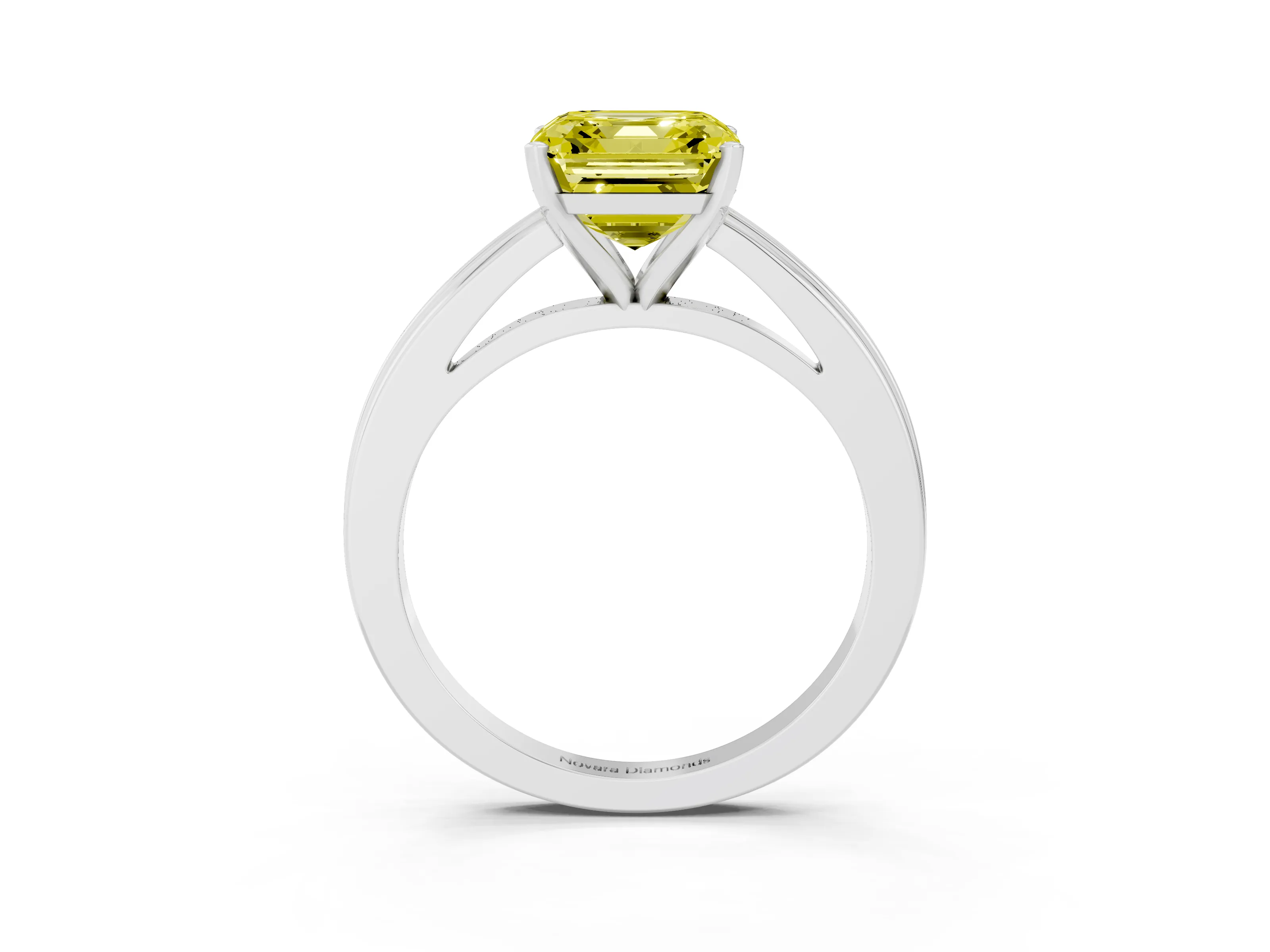 Fancy Yellow Asscher Cut Diamond Solitaire Ring Set in White gold with Prong Setting and Classic Band