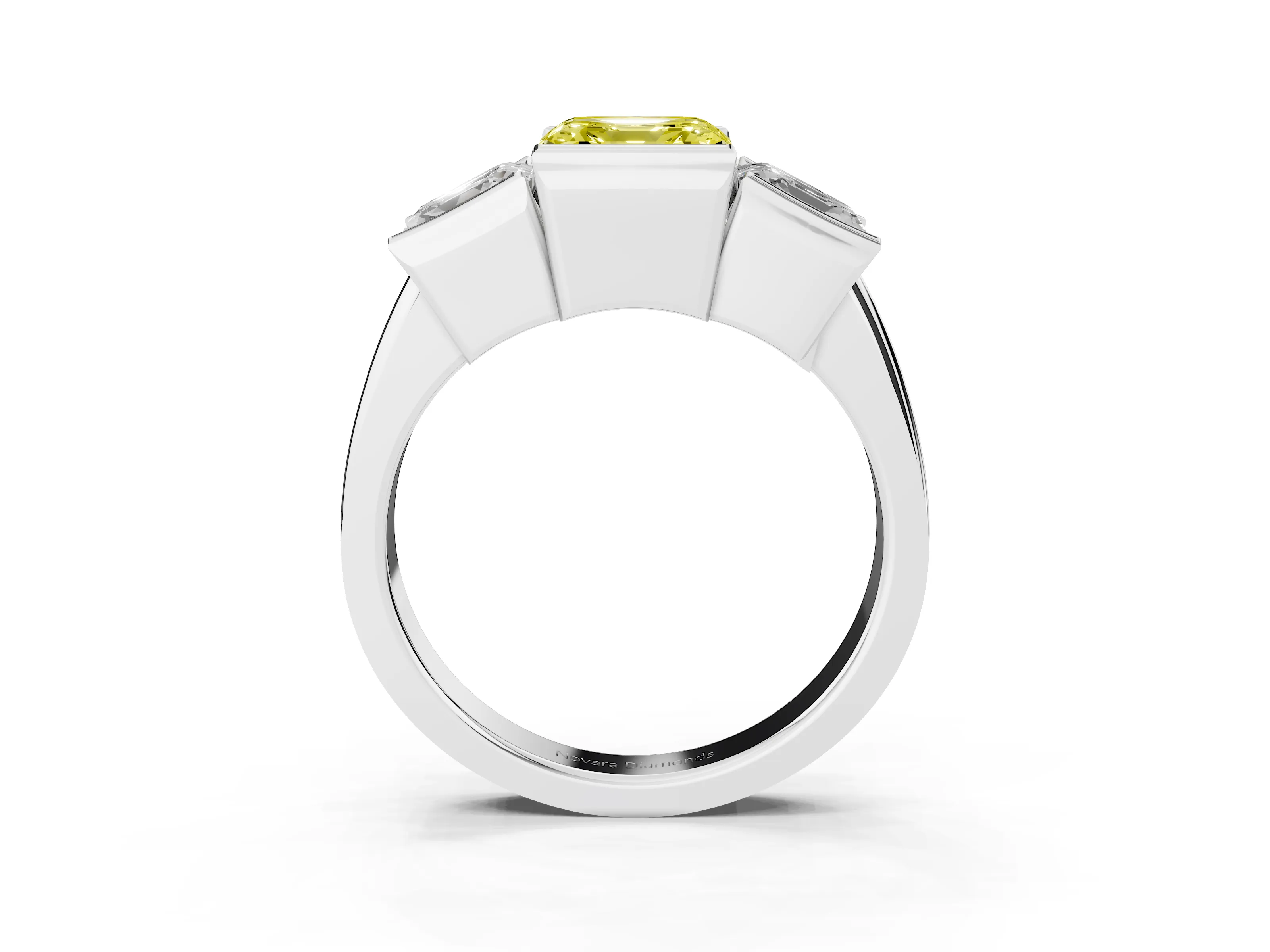 Fancy Yellow Asscher Cut Diamond Three-Stone Channel Set Ring Set in White gold with Smooth Polished Band